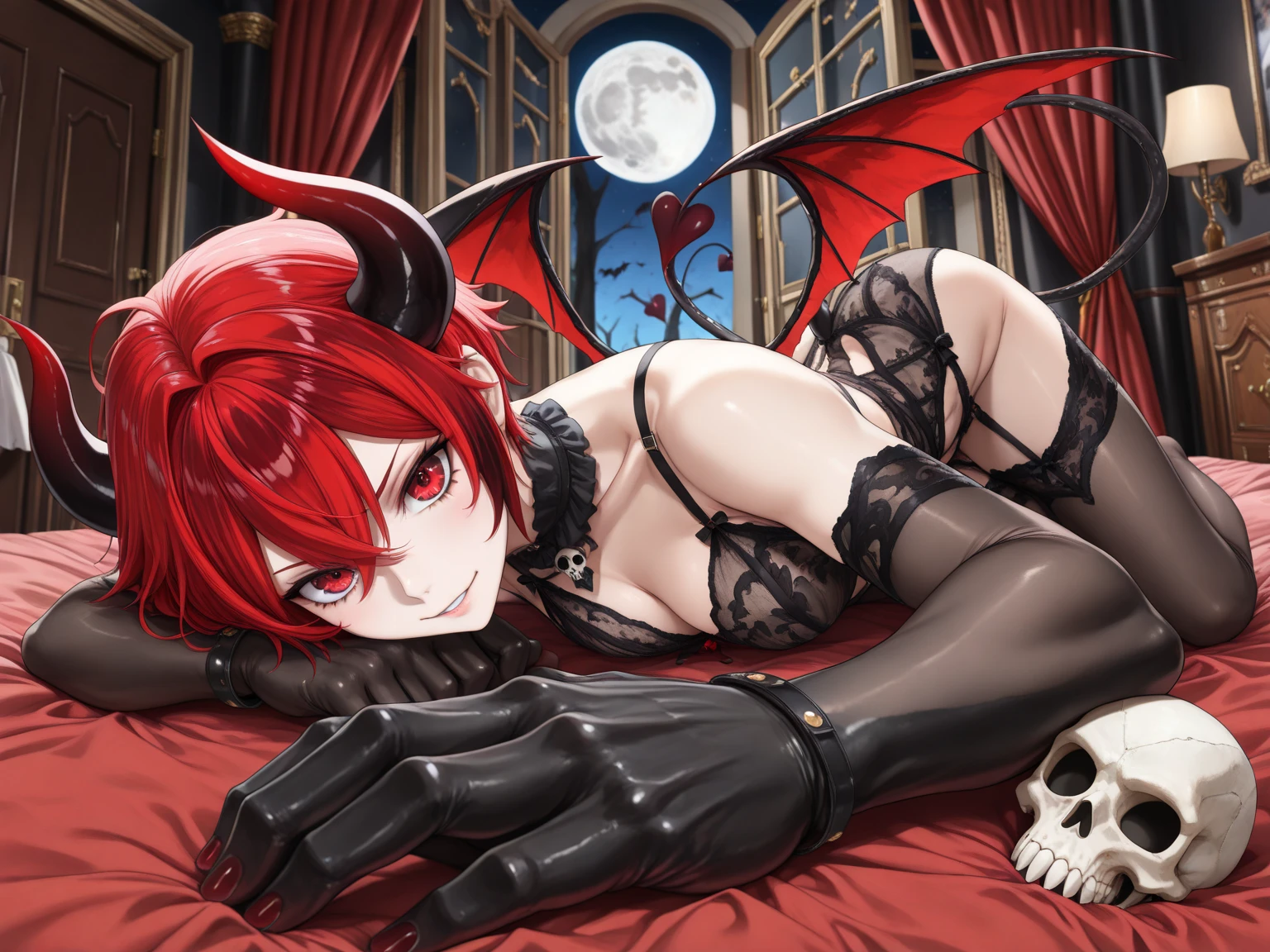 a sexy succubus with long horns, very sweet and loving personality, has crimson red skin, wearing black bikini, in a dim cozy bedroom, sitting on the bed, large covered breasts