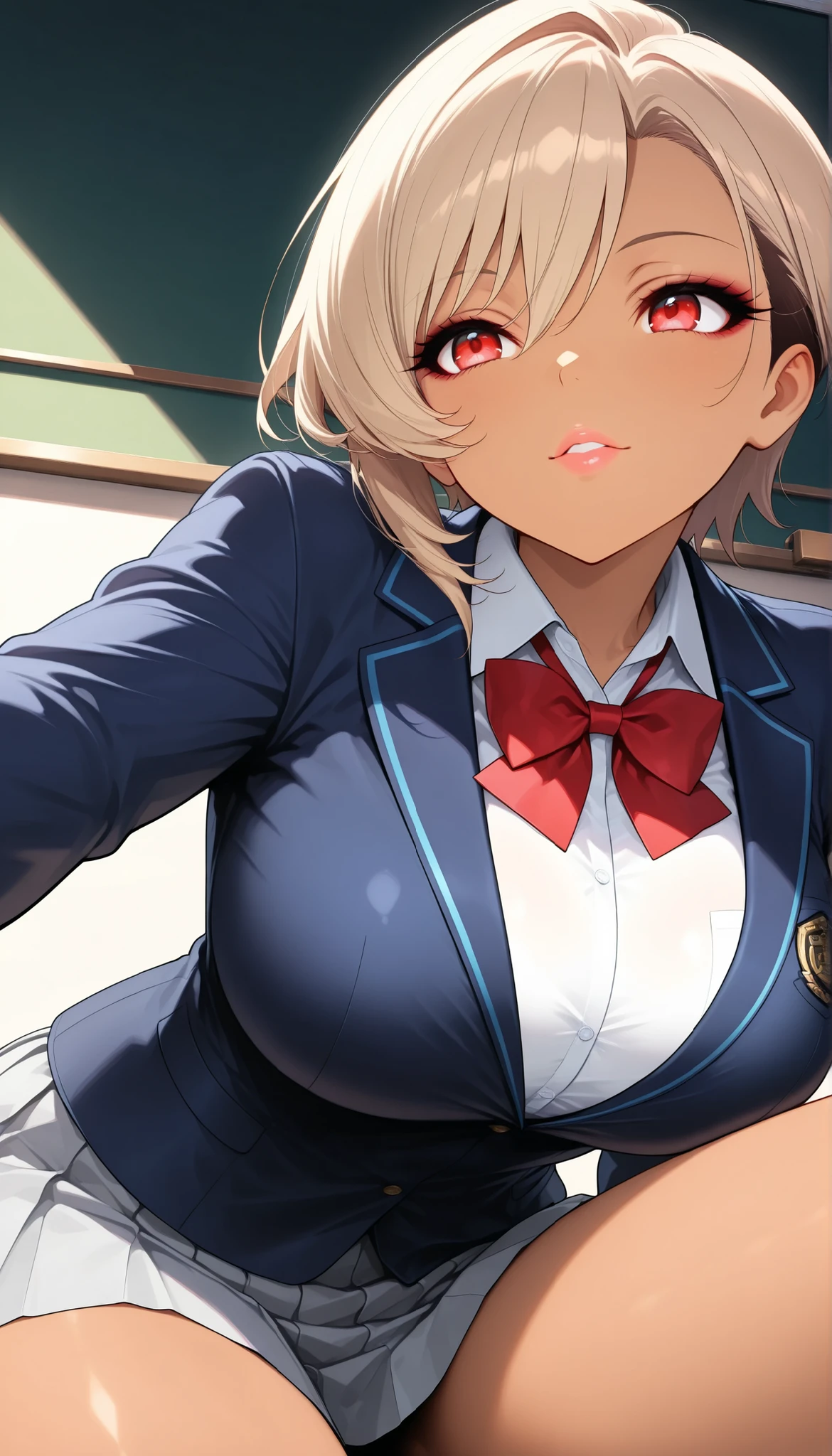 Female 1, (Mirai Edosaki, brown skin:1.6, red eyes), upward gaze, back view, sit, Butt low angle, a fluttering skirt, light brown hair, short hair, undercut, asymmetrical hair, beautiful eyes, beautiful lips, Very Detailed目と顔, long eyelashes, beautiful big breasts, (navy blue blazer, shirt, Red bowtie, grey pleated skirt, beautiful big breasts, Cowboy Shot, beautiful thighs, ((school background, blackboard)), (Highest Quality:1.2, Very Detailed, CG illustration, soft focus, masterpiece:1.2, Best Aesthetics),