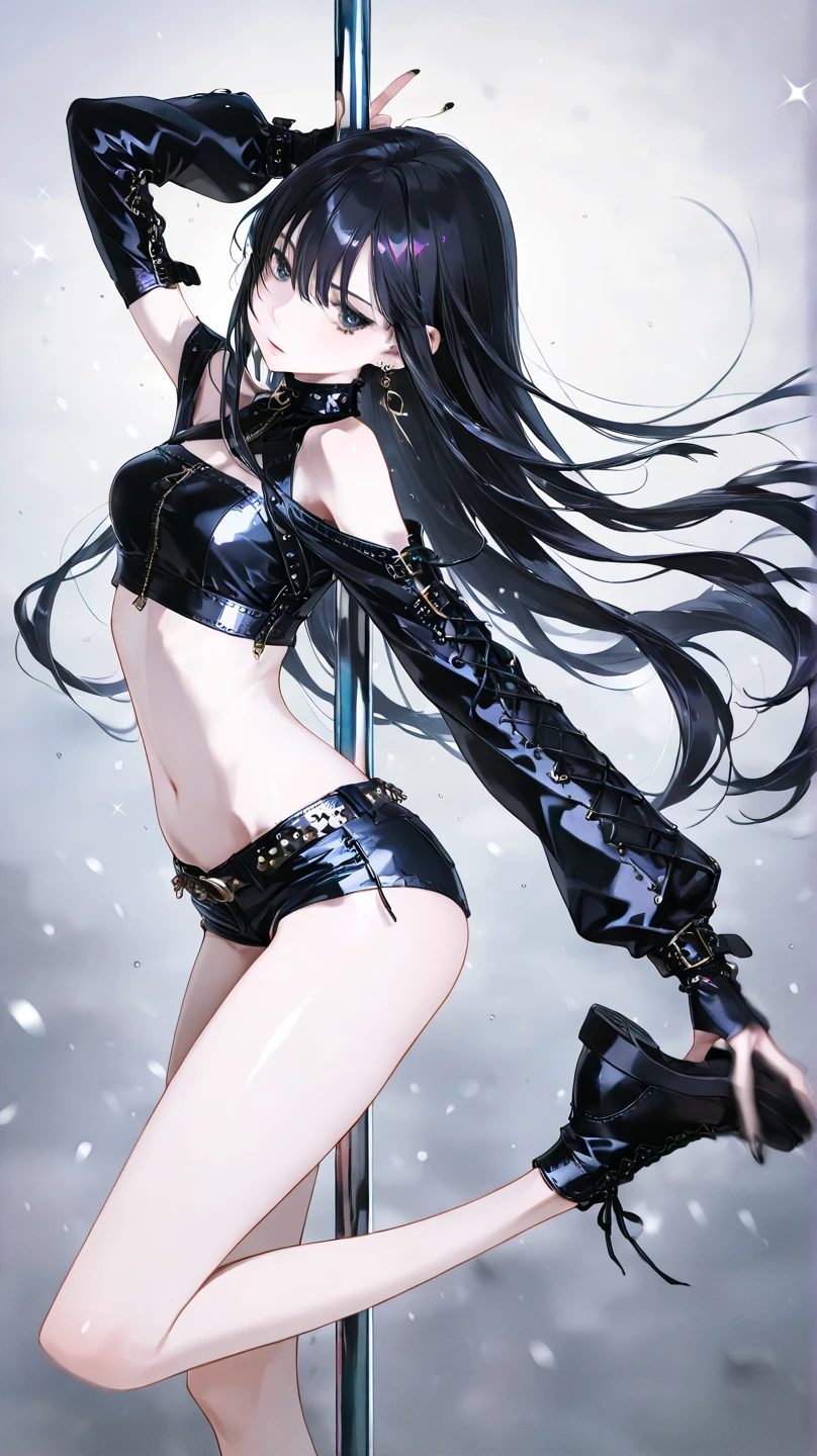 masterpiece, ultra high quality CG, best quality, perfect picture, solo, Velvet Crowe (yellow eyes, white skin, messy black hair too long, choker, small breasts, lipstick, makeup, eyeliner) dancing in a nightclub wearing latex clothes