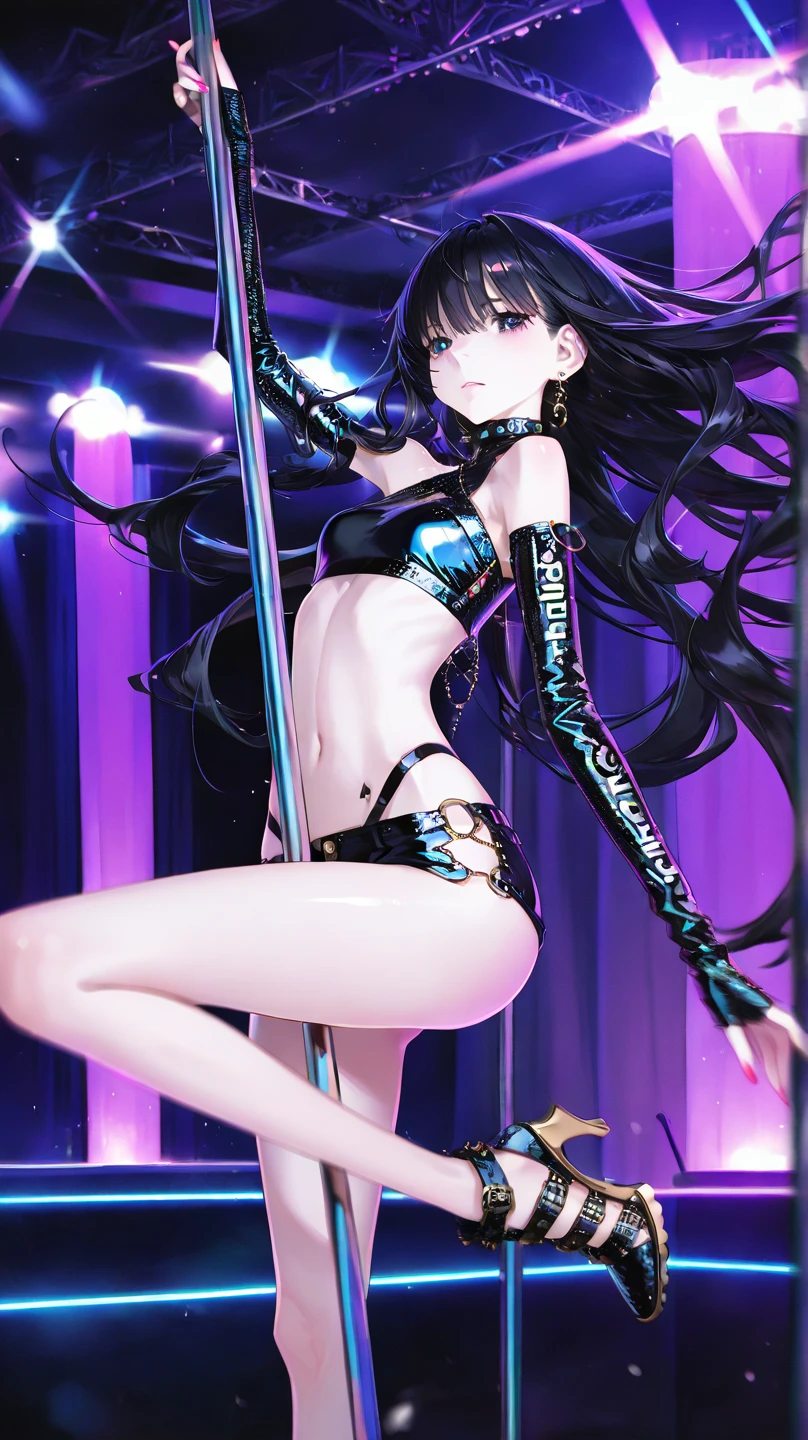 top-quality、Top image quality、masterpiece、girl with((cute little、18year old、Best Bust、Medium bust、Bust 85,Beautiful blue eyes、Breasts wide open,Long Black Hair、A slender、Middle knot、Black Sports Bra、White short skirt,Reflecting the whole body、Black perforated gloves、fighting poses、Sweating、Straight punch,posterior view、emphasis on the buttocks))hiquality、Beautiful Art、Background with((clubhouse、Blue lighting、Purple Laser、Red laser,Yellow laser,fitness club、natta、virtual)),masutepiece、Elaborate design、visualart、depth of fields、The best lighting、highestdetailed、8k,Super delicate