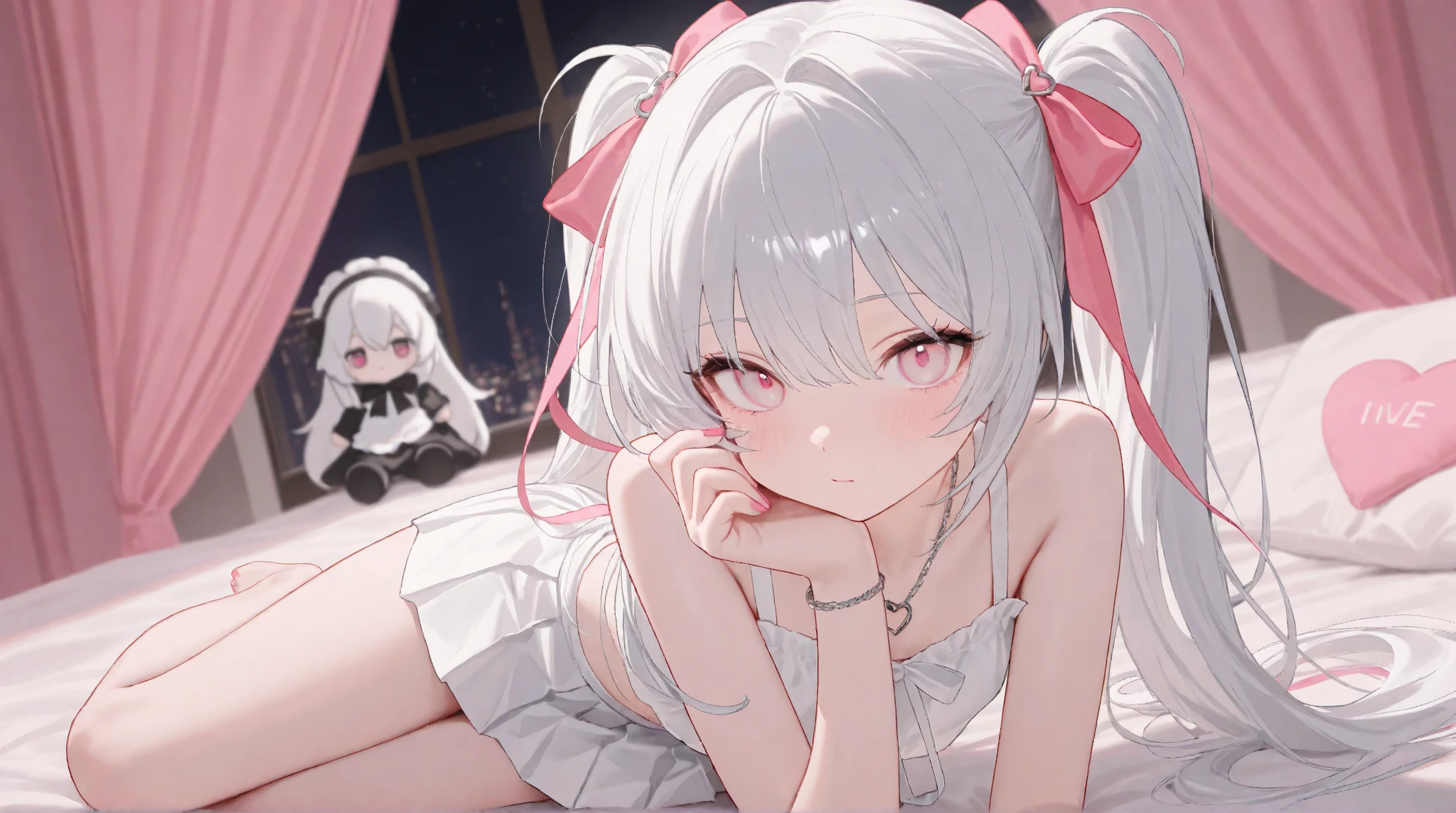(masterpiece, best quality), ultra high resolution, (best quality photorealistic illustration), (ultra detailed), (cute illustration: 1.3), (high saturation: 1.2), detailed beautiful face and eyes, highly detailed background, dynamic lighting, (very delicate and beautiful), nice hands, perfect hands, (proper posture), (proper composition), ideal body proportions, ((single girl)), solo, (on all fours), (front view: 1.2), from below, dynamic angle, (close-up of upper body), royal bedroom with luxurious canopy bed, tapestry and artwork, (night: 1.3), resting, (manga style), (line art_animation), (cowboy shot, best quality), (photo of laura bud: 1.2), (add details of laura: 1.0), 8k, flat color: 0.8, single girl, smiling, (white One-piece dress, bedroom background, 1.5), white hair, long hair, beautifully detailed red eyes, saliva, on all fours, red collar, orgasm face, sexual climax, glamorous, rabbit tail, rabbit on head, flustered, spoken heart,