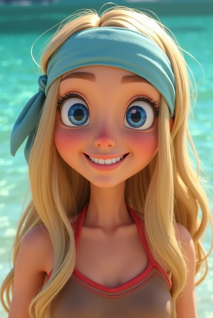 (masterpiece, best quality:1.2), 1girl, solo, (blonde hair:1.3), fringe, (blue eyes:1.3), bikini, (red bikini:1.3), closed mouth, smile, sleeveless, (cowboy shot:1.5), looking at viewer, hand on hip, outdoors, beach, palms, sea,