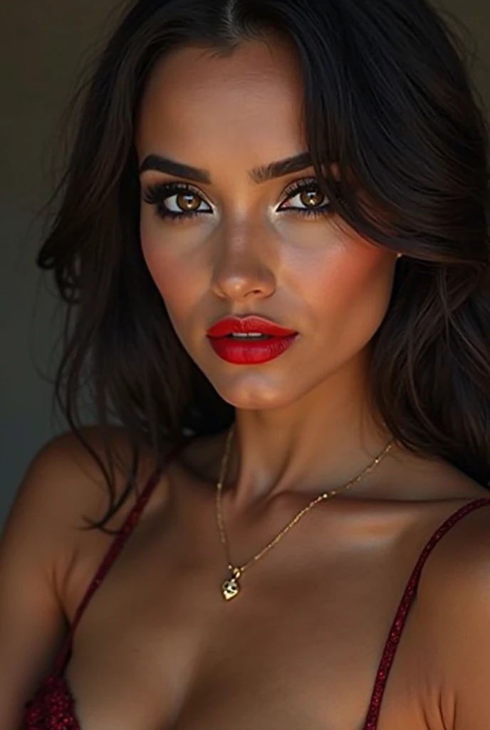 Girl with nose pin, piercing gaze, erected nipples in black silk bra, red lips, glowing skin, ultra hd image