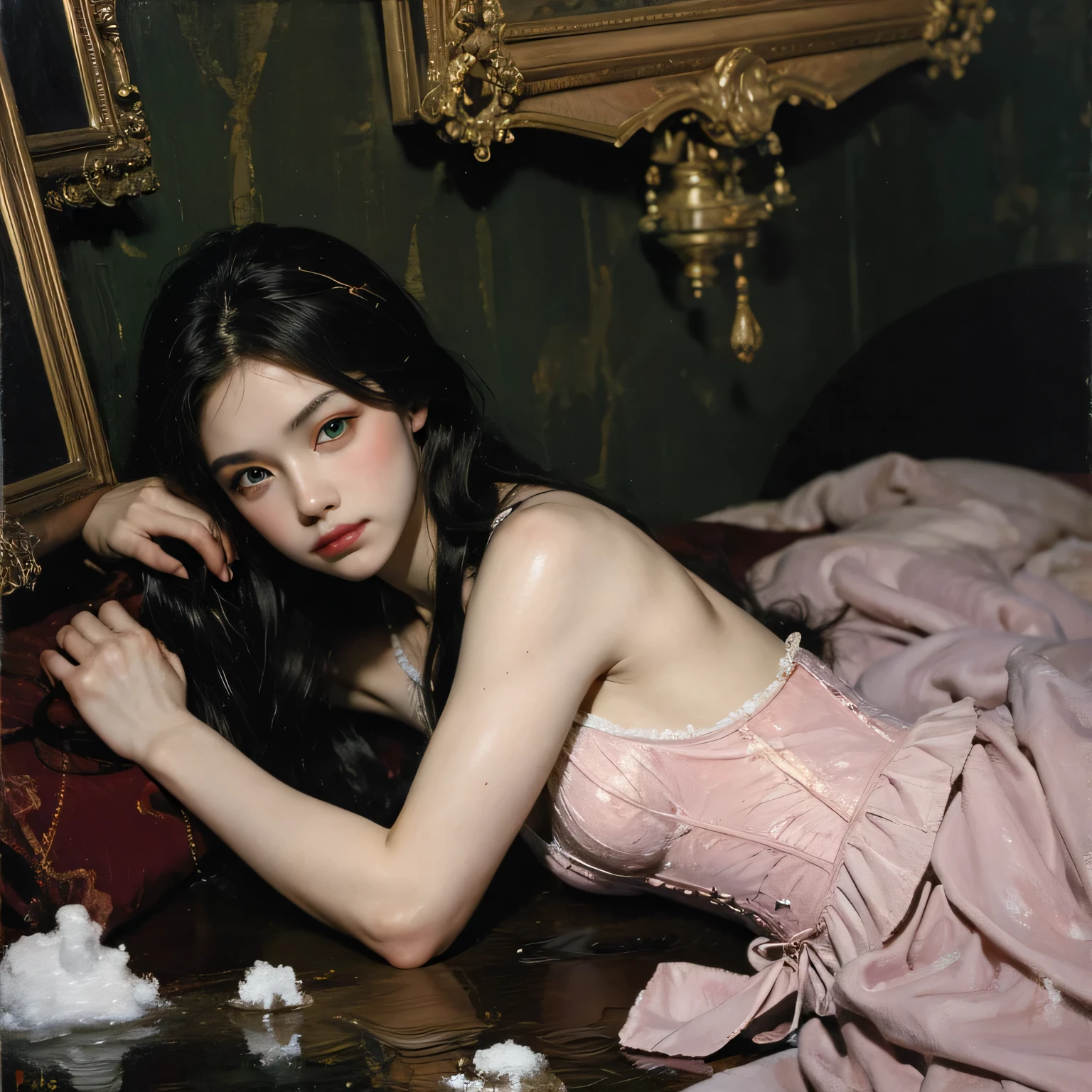 masterpiece, best quality, ((looking at viewer)), high quality, realistic girl masterpiece, two close friends, Beautiful, cute body and face, Wearing latex stockings and kinky lingerie with cutouts, showing , skinny athletic body, innocent, playful, Famous, very beautiful face, thigh high boots on a bed on all fours