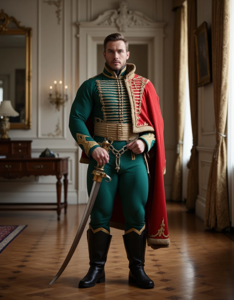 best quality,a handsome male general piernas fuertes y musculosas gran bulto in a room with map on the wall,[chris redfield],ornate military general's uniforms,pants bulge,mature male,cowboy shot, close up, barba, guapo 
