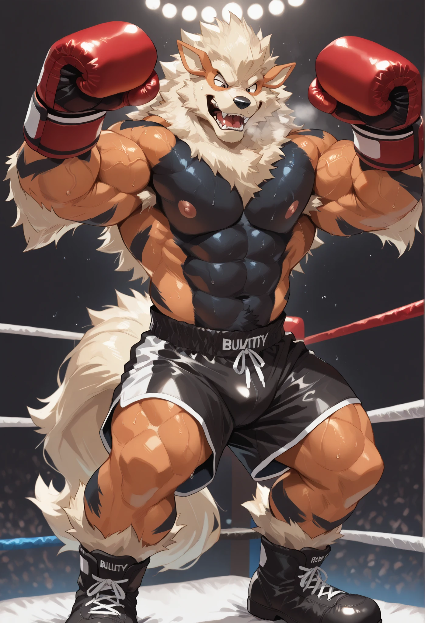 4K, masterpiece quality, pov_boxing, bravely Looking down on the losers, black boxing shoes, red boxing gloves, black boxing shorts with gold embrems, bulge, full body, depth of field, boxing, wildly posing with his chest out, fist pump pose with arms rising high, boxing ring background at midnight, Arcanine heavywait boxing champion, gay, furry male, bulging heavy muscular, powerful arms with protruding veins, carmly looking down on loser, wild expression, roaring triumphantly, bravely eyes, large pectorals, sweaty body, Angle of the loser looking up from directly below, heavy breathing, steam, wearing red boxing gloves,