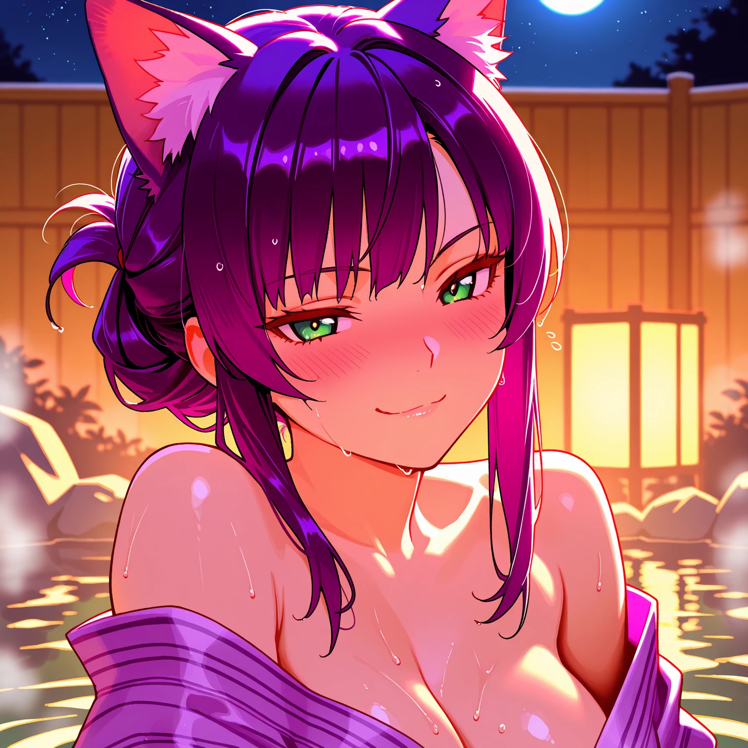 Beautiful sexy cat girl, completely naked, under the moonlight, showing her vagina, legs open, big boobs, big ass, mouth open with cum