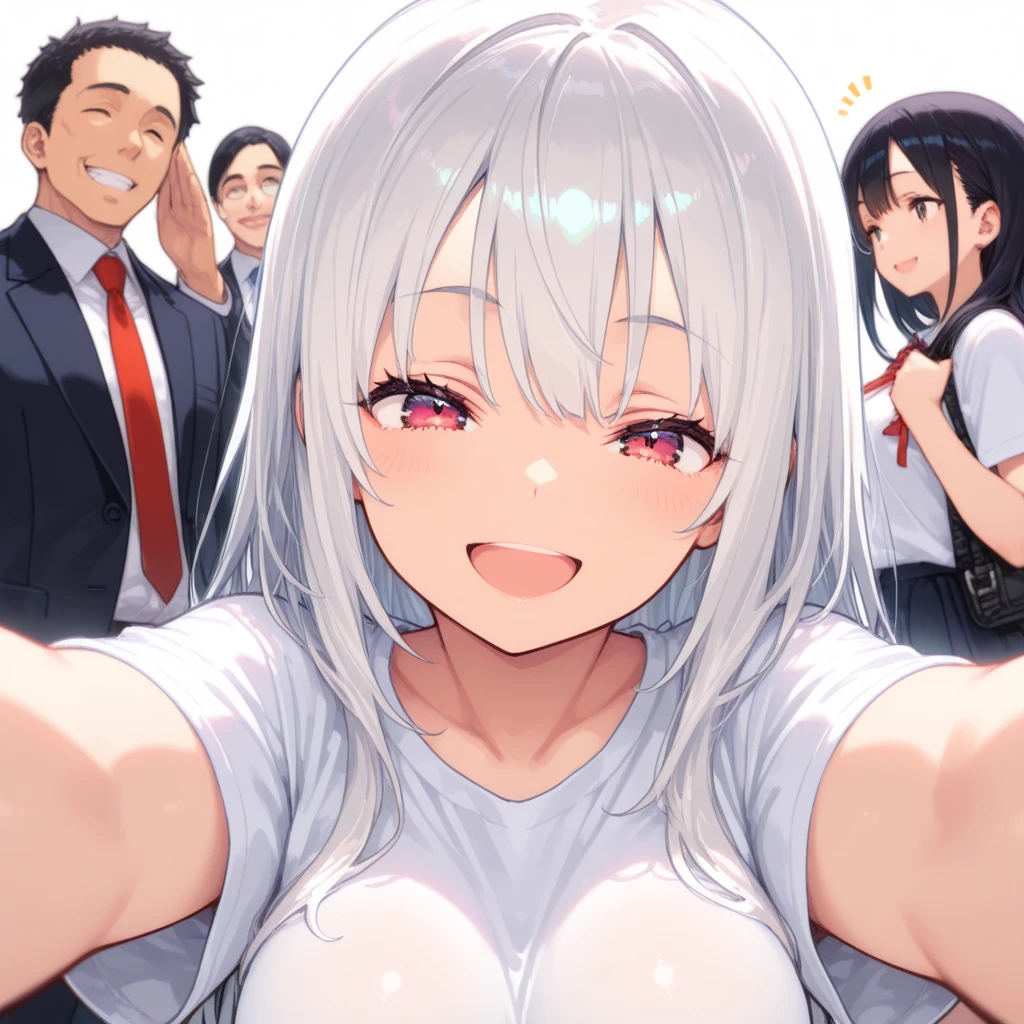 epic-Ultra-HD-details,epic-Ultra-HD-highlights,anime-upscaled-resolution,(realistic, photo-realistic:1.37),precise and realistic hair:1.1),beautiful detailed eyes,extremely detailed eyes and face,awardwinning,amazing details,super detail,best quality,1080P,8k,masterpiece,detailed skin, shadow, texture, light,
gorgeous girl,no underwear, ( long hair, white hair, blue eyes, virgin destroyer sweater, sideboob, underboob, white panties, white thighhighs, (((breast cutoff))), glowing white hair, asymmetric bangs, (kind_smile), (white short bobcut), (back side long single ponytails),(One-sided long bangs, Double V gesture, Sunburn,curtained hair, double bun, drill hair) (long single ponytail wafts to the chest), necktie between breasts, midlle breasts, Glowing, eyes, eye shadow, Eyeliner, glow dark pink succubus tail, dark blue Halo, hair strand, several girls, look at the camera, expressiveh, dark-skinned male, dark skin, official alternate costume, hetero, recording, heart, muscular, very shy, cowboy shot