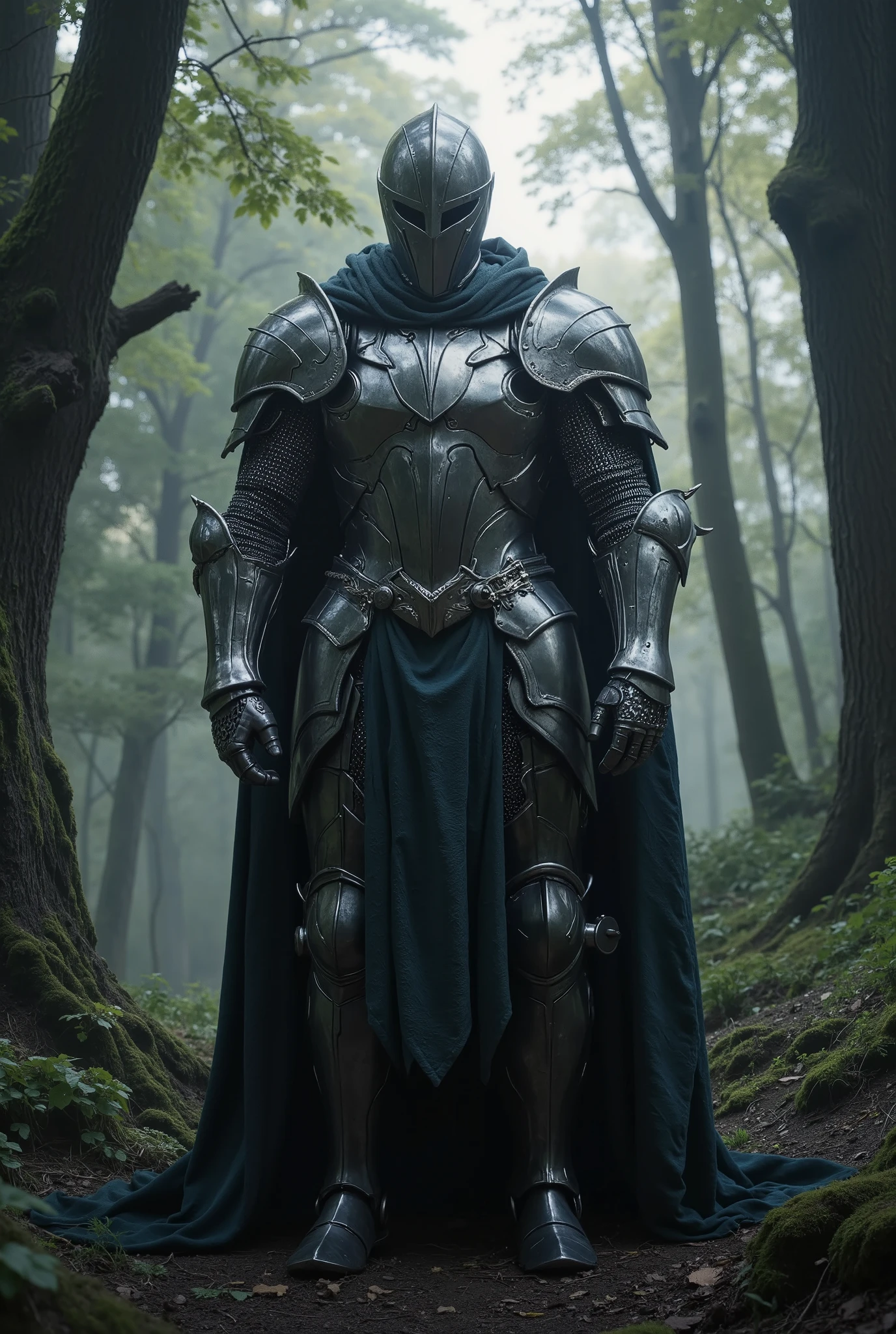Medieval knight standing in an imposing position in shining armor while trees in the background sway softly, medium plane camera moving slowly forward, photographic realism with soft and dark lighting.