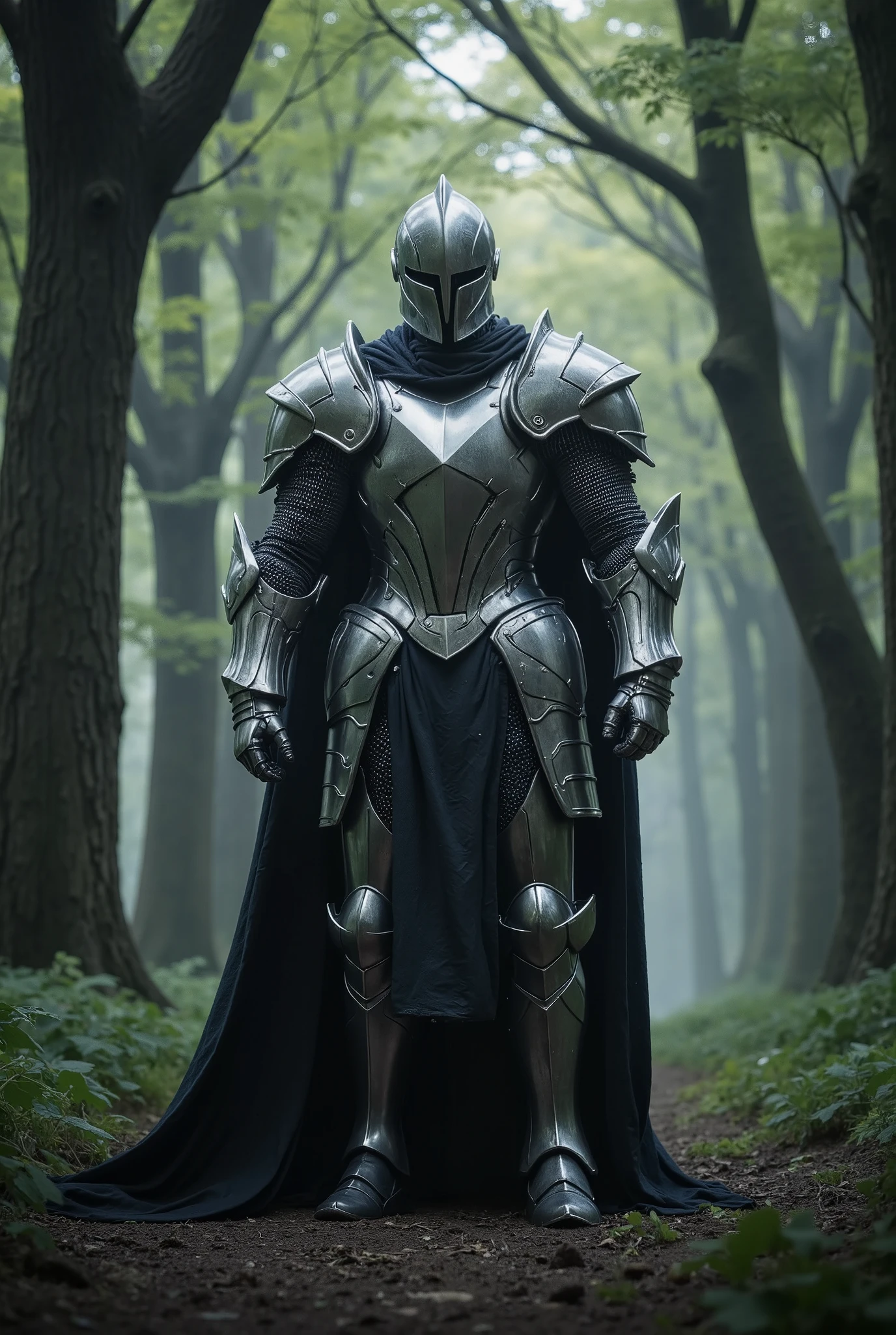 Medieval knight standing in an imposing position in shining armor while trees in the background sway softly, medium plane camera moving slowly forward, photographic realism with soft and dark lighting.