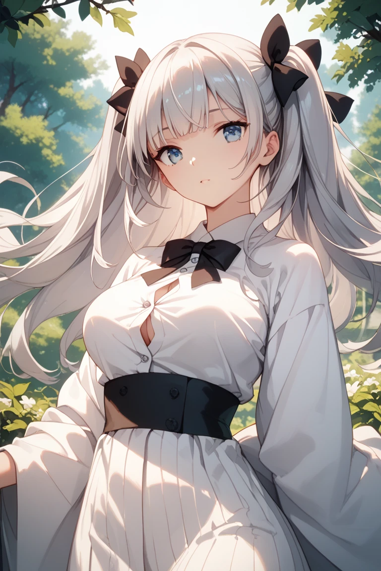 masterpiece, Highest quality, Ultra high definition, 8K Ultra HD, Phemonica, Hair Bun, Braiding, Red Bow, Black jacket, Black Skirt, Red Pantyhose, Upper Body, From above, Sleeping on your back, Grass,grass, View your viewers, tired, smile, garden