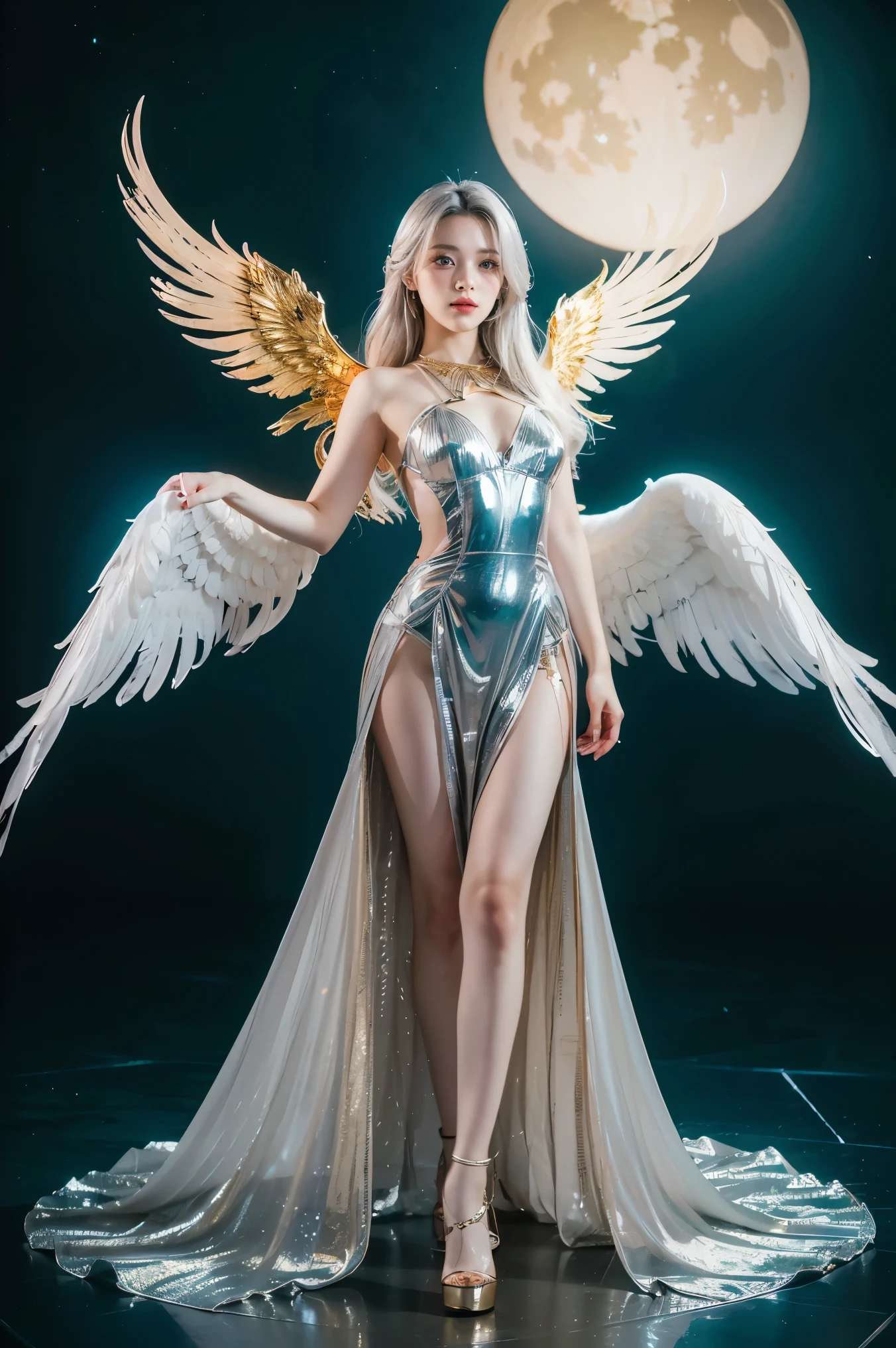 scifi professional artwork, ultra-fine 3D details, full-body archangel wings open, pointing upward, hyper-realistic fully detailed white and light orange, sci-fi realism, airbrush art. A stunningly realistic (((3D Alcohol Ink double exposure illustration))), where the main image is a (full-length facing of a beautiful futuristic woman, flowing silvery blonde hair, deep gray eyes, showing black parts with human body skin) with intricate details and a (long exposure celestial backdrop) that meld together in a (softly blended double exposure effect). The interplay of colors and (iridescent patterns) creates a surreal optical illusion, featuring a (turquoise angel female figure with flowing golden hair and gilded wings) whose dress and (extremely long, flowing hair) blend seamlessly with the (ethereal surroundings). The overall atmosphere exudes an air of (fantasy and enchantment) that makes the piece a (masterful artistry).