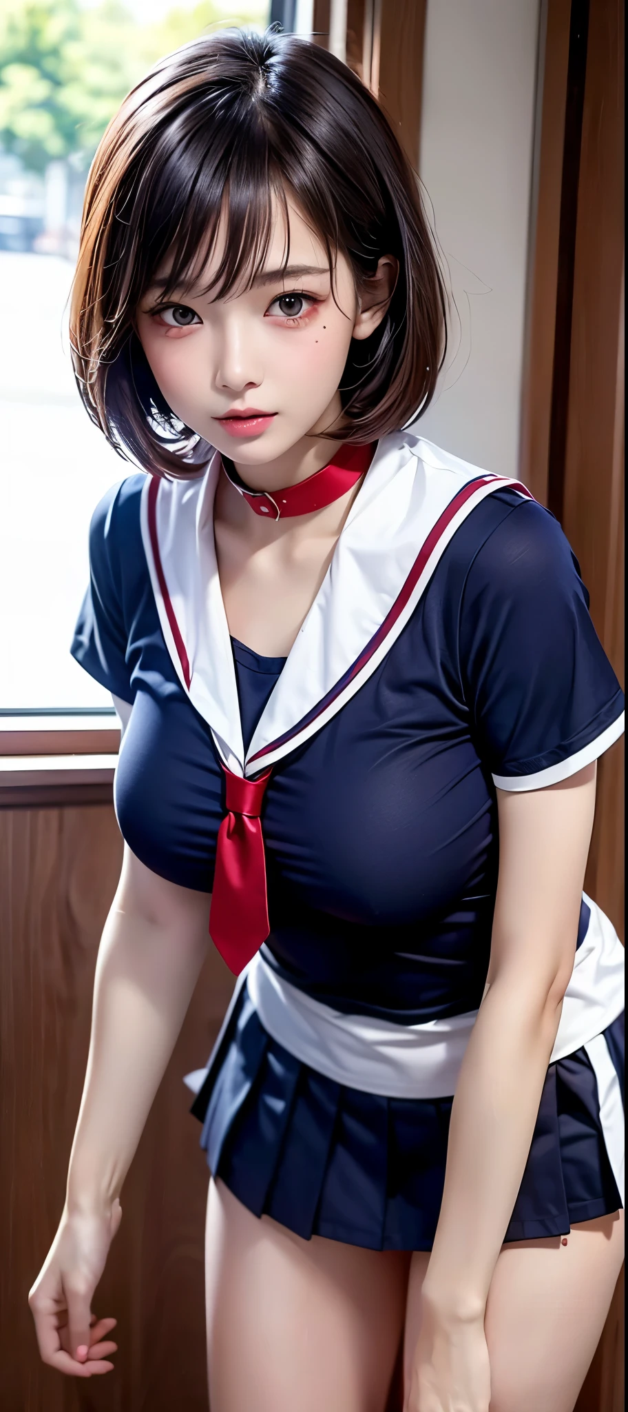 (((Perfect Anatomy, Anatomically correct, Ultra-dense skin))), 1 person, Japanese, high School girl, Glowing Skin, Looking at the audience, ((Rear View, From below)),
Beautiful Hair, Beautiful Face, Beautiful and beautiful eyes, (short hair:1.1, Bobcut:1.2), Dark blonde hair:1, blue eyes, , Mole under the eye,
Beautiful clavicle, Beautiful body, Beautiful breasts, Big Breasts:0.5, Beautiful thighs, Beautiful legs, Camel Toe,
((Short sleeve, Cute sailor uniform, all in dark blue, Dark blue pleated skirt, Navy blue sailor collar, Sailor scarf, socks, Brown Loafers)), Captivating thighs, (Red Slave Collar),
((Embarrassing, I was scared, sad, Mouth half open)), Are standing, (((Leaning forward), Take off, Raise one leg, Pull on white panties)),
(Beautiful views), summer, School, locker room,
8k, Highest quality, masterpiece:1.2, Very detailed), (Realistic), Beautiful illustrations, Natural light, whole body,