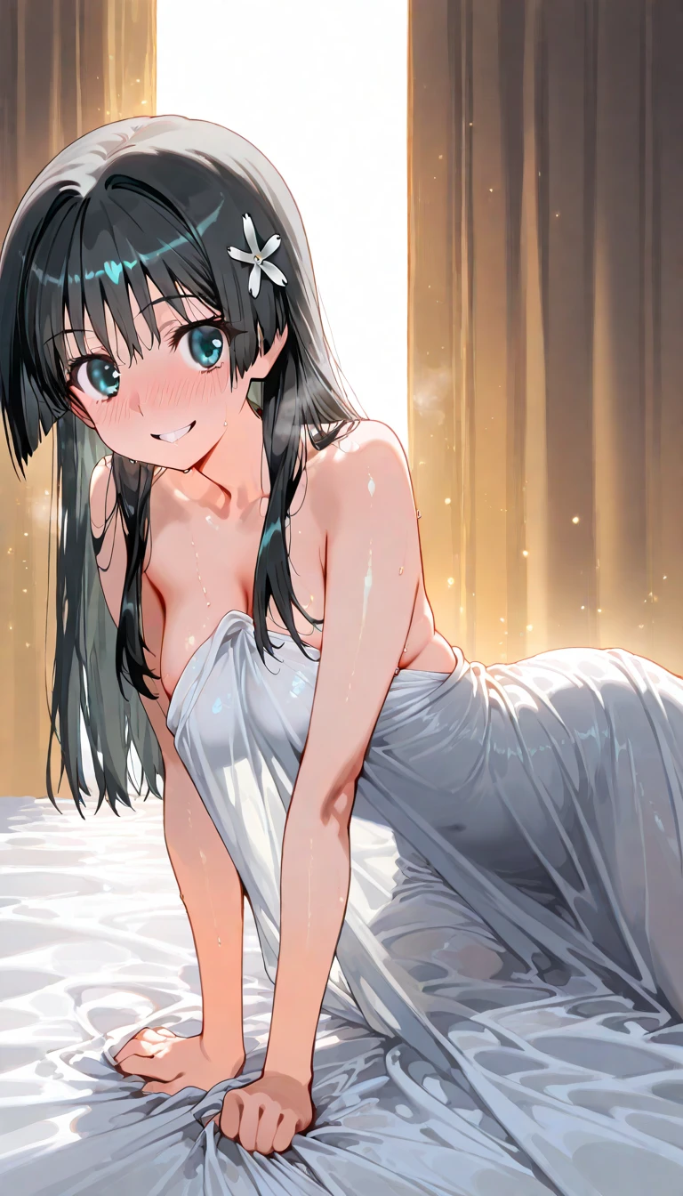 (Masterpiece, High Quality, Top quality, High-Detailed, Detailed CG, Cinematic Shadow, Cinematic Scene, Beautiful Detailed Eyes, Ultra Resolution, Depth of Field, High Resolution, Masterpiece: 1.2), Anime Art style, Very Detailed, Dynamic Angle, Teen Style, Detailed Green Hair, Detailed Blue Eyes, Purple Eye, Slim Body, Sparkling Eyes, Sparkling Detailed Eyes, Hair Accessory, Earrings, Slightly Blunt Bangs, Looking the Audience, (Embarrassing Expression:1.2), (Towel:1.2), (White Towel), (Almost Naked), (Naked Towel), (Anime Girl Holding a Towel to cover it's body), (Only wear Towel:1.2), (Cover Body With Towel), Good Composition, Hand, weat, Thick Thighs, Small Breasts, Small Size Breasts, Blur Background, Chinese Architectures