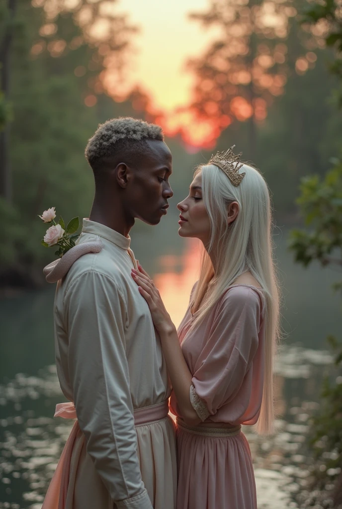 A traditional wedding photo of a {black man with long dreadlocks} and {blonde woman with a short pixie cut}, taken in the forest in spring with cherry blossoms, (looking at the viewer:1.1), completely in love, smiling, beautiful detailed traditional wedding dress, (intricate detail), grainy, Fujifilm XT3, 55mm lens, subtle lens flares