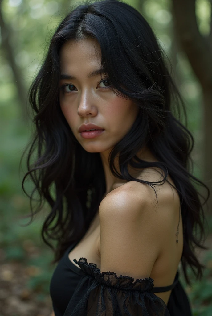 a hyper-realistic portrait of a young woman, half asleep, (face with dimples), under a tree, inside a forest, lots of rain, in the middle of nature, 22 years old, [[dimples]], realistic, (lying on her side), she is wearing a red panties, (wearing a garter belt and black pantyhose), sexy, (huge breasts 2:1), torn, (all torn), wet clothing, short brown hair, (hair tied with bows), curved, SFW