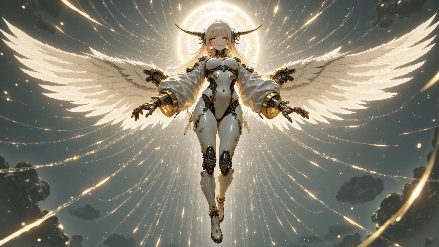 Mechanical style,golden theme,(1 mechanical female angel,Anatomically correct,full bodyesbian, Golden wings,standing,circular base),Black and white background, (a 3D render,Cinematic lighting, Chiaroscuro),Holy Angel Beast