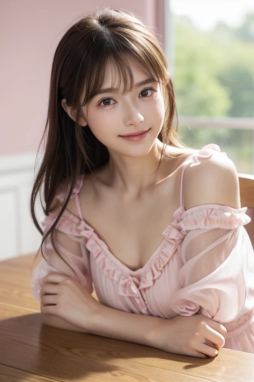 (On a table, Best quality, realistically, ultra - detailed, meticuloso, A high resolution, 8k wallpaper), Close-up portrait of a beautiful woman, Chariada, Smiling, light brown messy hair, Perfect dynamic composition, 美丽meticuloso的眼睛, Just like the cover of a fashion magazine, On campus