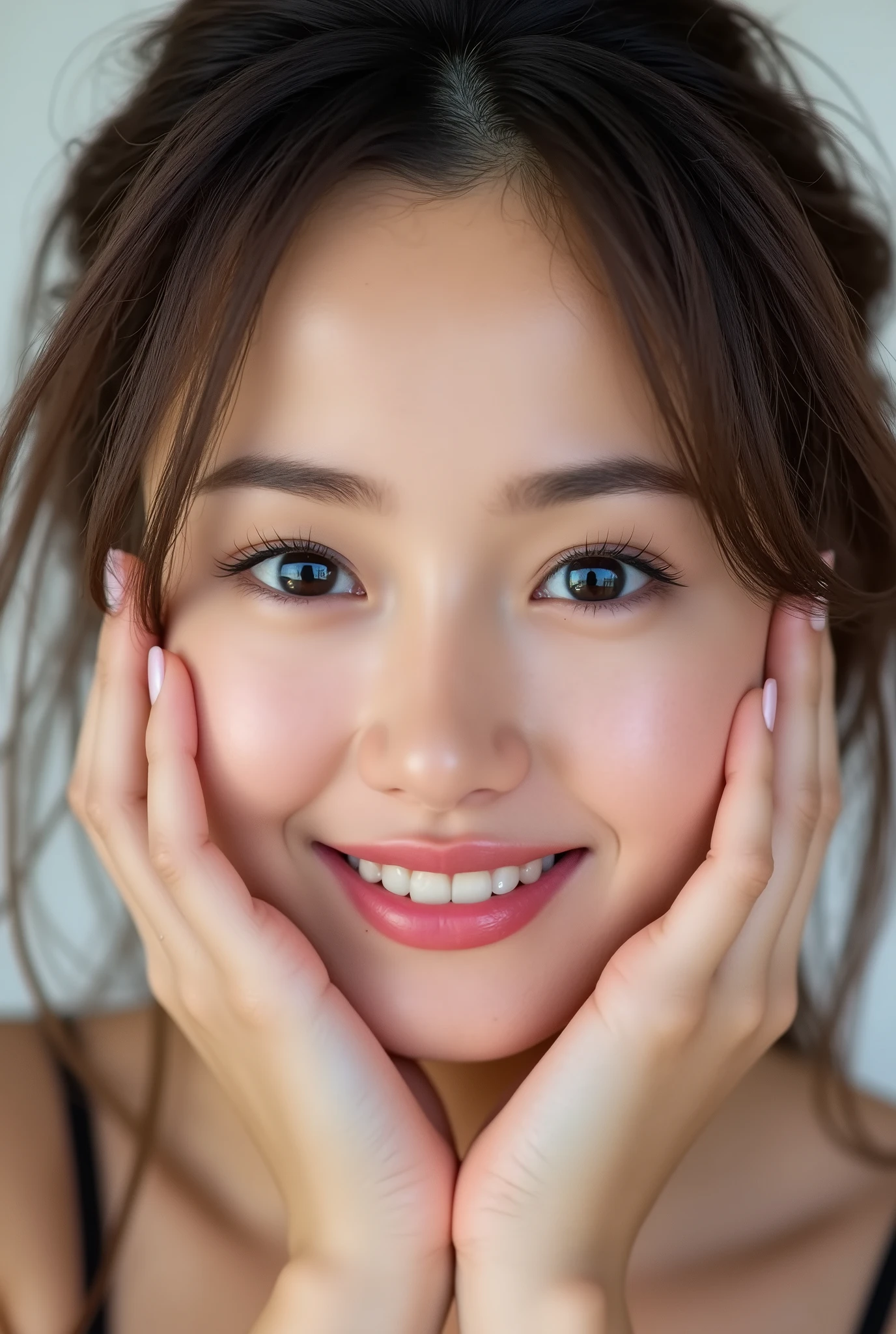extreme close-up portrait, beautiful girl with her love-struck, radiant face filling the entire frame (95% face ratio), gently placing both open hands on her flushed cheeks with soft fingers, soft black camisole, white blurred background, eyes dreamy and half-lidded, deeply adoring gaze fixed straight at the viewer, irises ultra-detailed with intricate rainbow reflections and glowing catchlights, moist and sparkling eyes as if about to tear up from overwhelming joy, soft melting smile revealing slightly parted lips and upper teeth, skin with visible soft pores, realistic skin texture with warm lighting and subtle shadows, delicate eyelashes, glossy lips with natural highlights, cheeks glowing with deep blush, cinematic soft lighting, lifelike expression full of romantic euphoria, overflowing with happiness, warmth, and pure affection, subtly tilting her head as if whispering a name in total bliss, ultra photorealistic, masterpiece, 8K, hyperreal detail, skin pores, detailed iris texture, cinematic mood