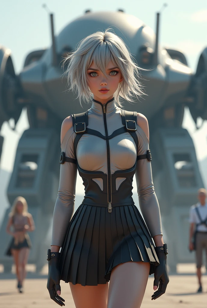 blonde short hair,Large Breasts,White vest,pantyhose,Denim skirt,ruined city,Damaged clothes and pants