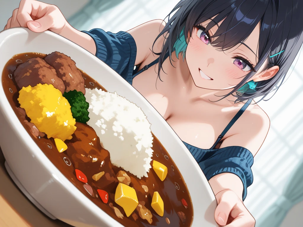 A girl in a micro bikini making a giant curry rice