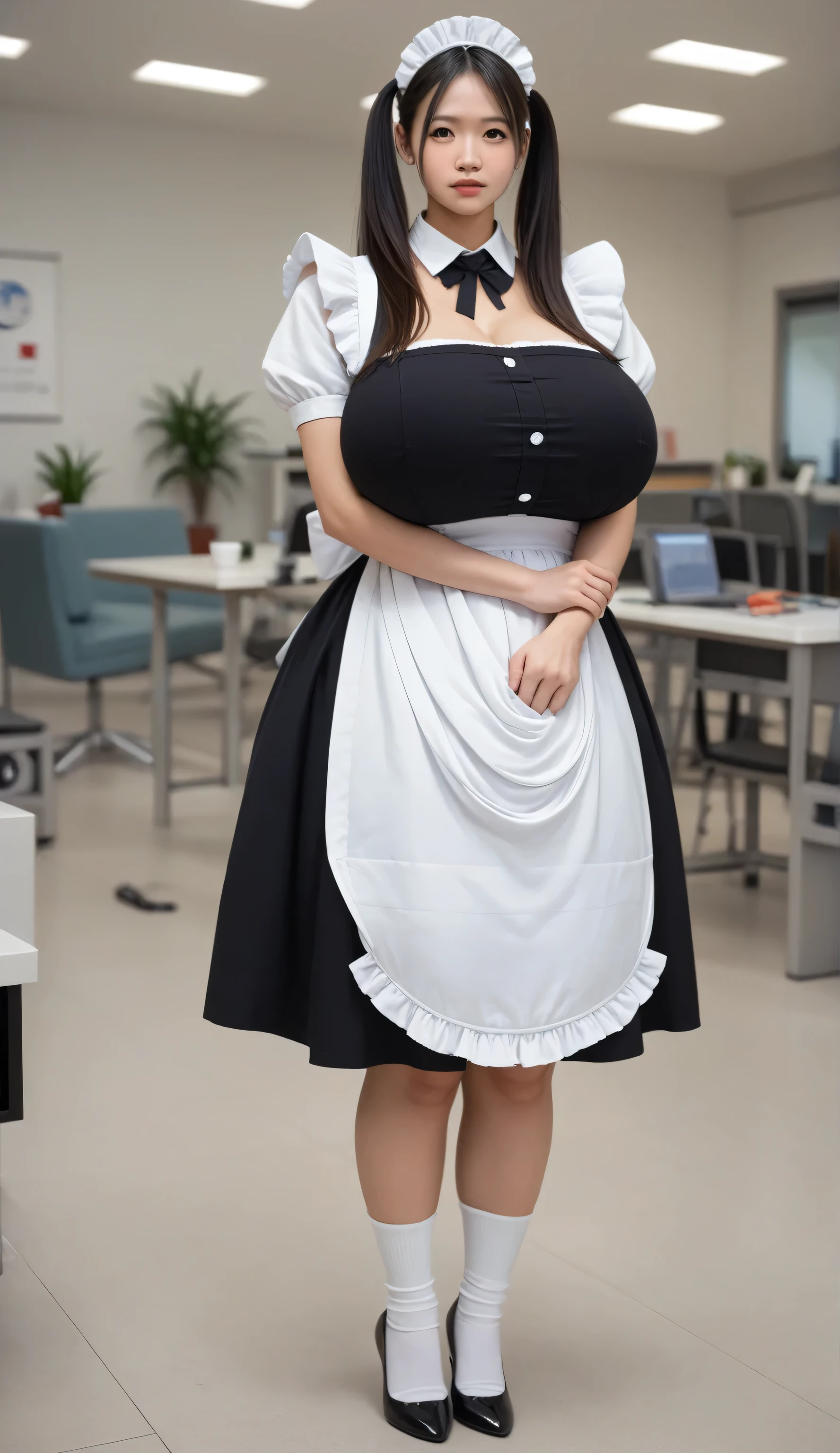A beautiful maid, massive breasts, best figure, detailed facial features, intricate dress, elegant pose, soft lighting, warm colors, photorealistic, hyperrealistic, extremely detailed, high resolution, 8k, masterpiece