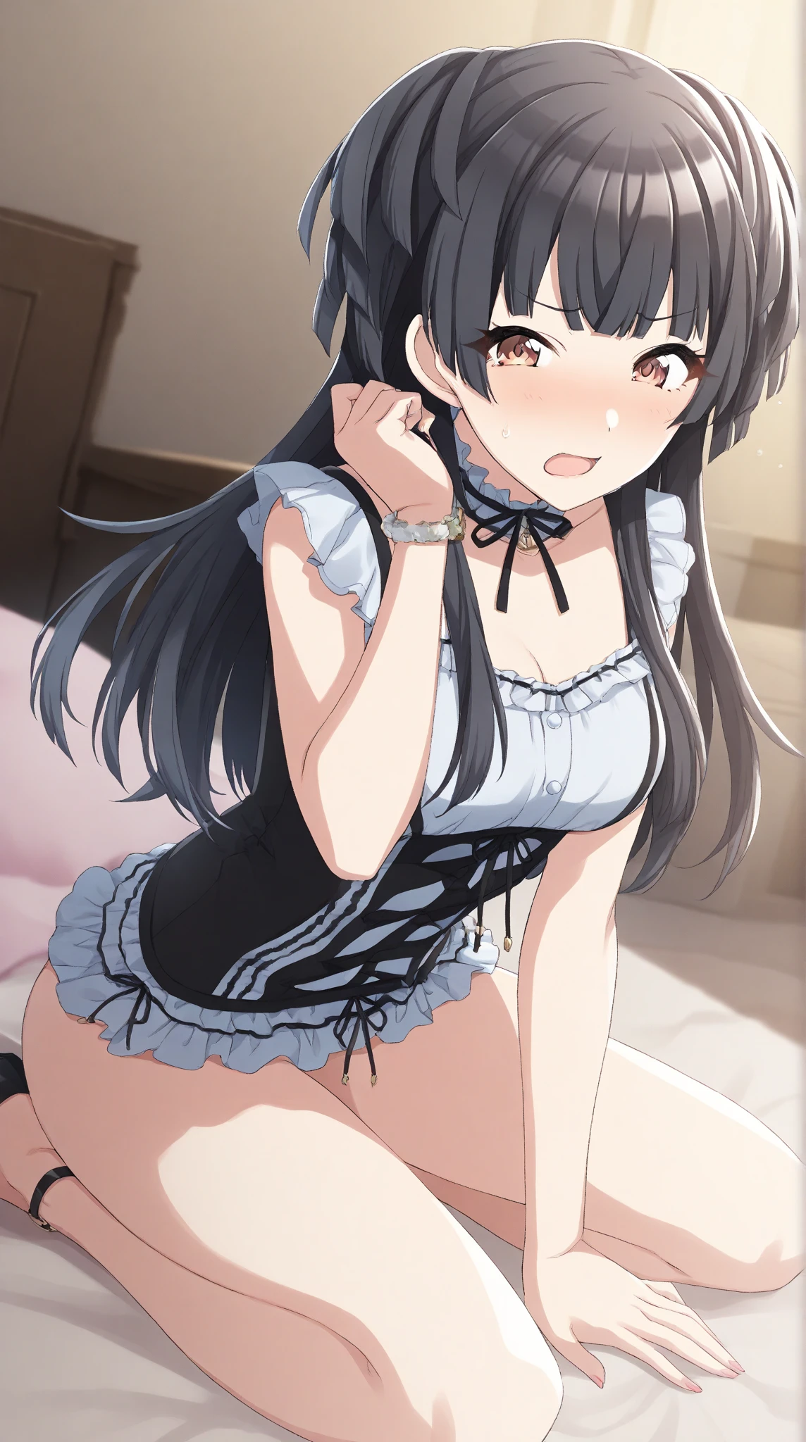 Hands behind back,Both hands tied,lick,open mouth,tongue out,cum on tongue,1girl,((((())))),(((((Short,))))),slender,small breasts ,front face,from front,front view,looking at viewer, looking ahead,from above,cowboy shot,Black Hair,Long Hair,two side up,Gray Eyes,Drooping eyes,slit pupils,narrow eyes.Mischievous smile,A see-through black and light blue negligee,Sexy Lingerie,Kneeling,Straight Stand,Collar with leash,Dimly lit room,On the bed,Simple Background,Gray background,Dim lighting,Beautiful and detailed anime art