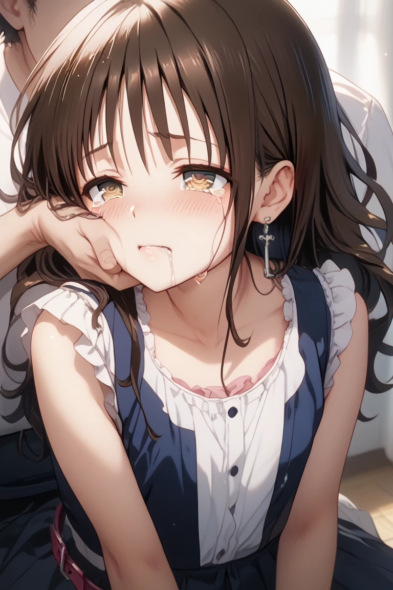 (1 person、alone), Beautiful woman, Anatomically perfect body, Slender、(nurse、nurse), (white nurse uniform, one peace, Japanese style nurse, nurseサンダル:1.1), (looking away:1.3), (Pussy juice:1.1)、18-year-old、(Highest quality)、Black Hair, (Half Up)、(8K, High resolution)、(shy:1.4)、medium breast, (steam:1.1), (embarrassed:1.3), Glossy Lips、Sit on the bed、(wariza), (From above:1.2), (bukkake, cum in face:1.7)、(Sad face, tears), wide shot