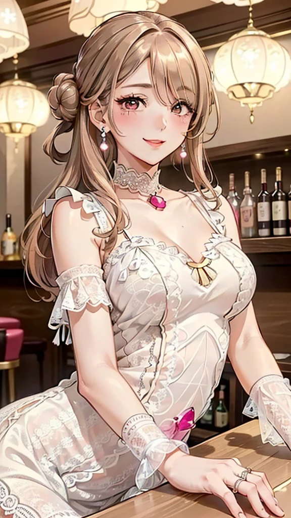 perfect eyes:1.2, detailed eyes:1.4, hall, smile, chandelier, Kurayoshi_R, holding a champagne glass, cleavage, large breasts, white dress, pelvic curtain, long dress, medium full shot, thigh-level shot, 1girl,(masterpiece:1.6, best quality),