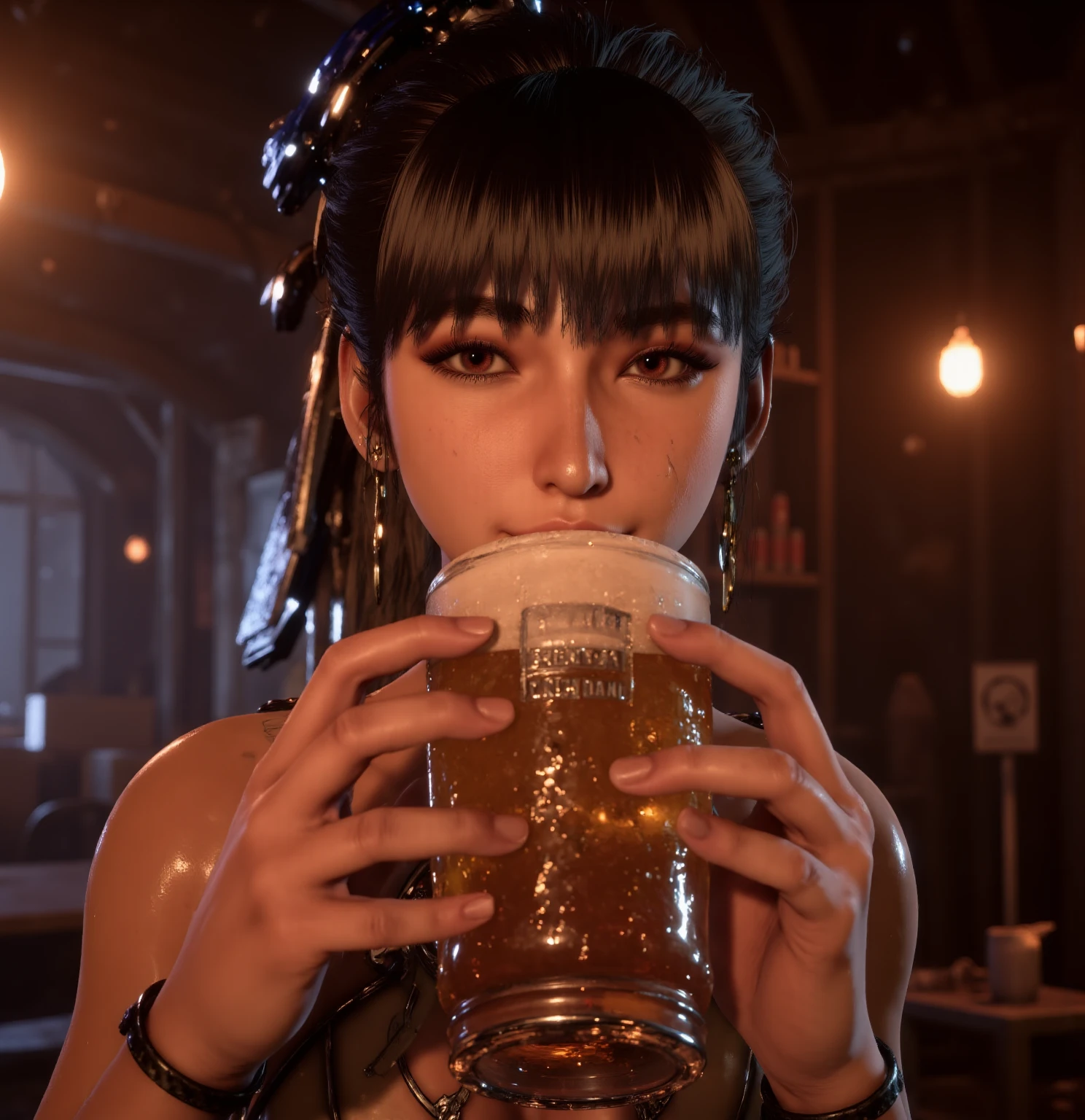 1girl,fantasy tavern interior,girl with blue lion eyes,black hair,pale skin,small breasts,slim waist,fit body,witch,mug of beer,candlelight,wooden furniture,intricate details,(best quality,4k,8k,highres,masterpiece:1.2),ultra-detailed,(realistic,photorealistic,photo-realistic:1.37),studio lighting,vivid colors,dramatic lighting