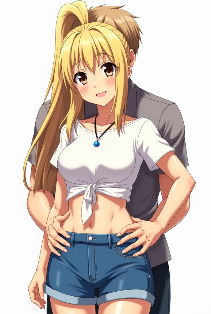 ((best quality)), ((masterpiece)), (detailed), (anime couple), perfect face, anime girl in a deep V-neck tied top (bare shoulders), (jean shorts), she is hugging a handsome formal boy, the boy is holding her stomach tightly from behind