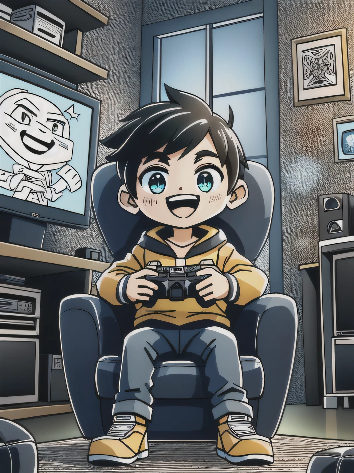 a black and white image to color. a playing console on a sofa in a gamer room.