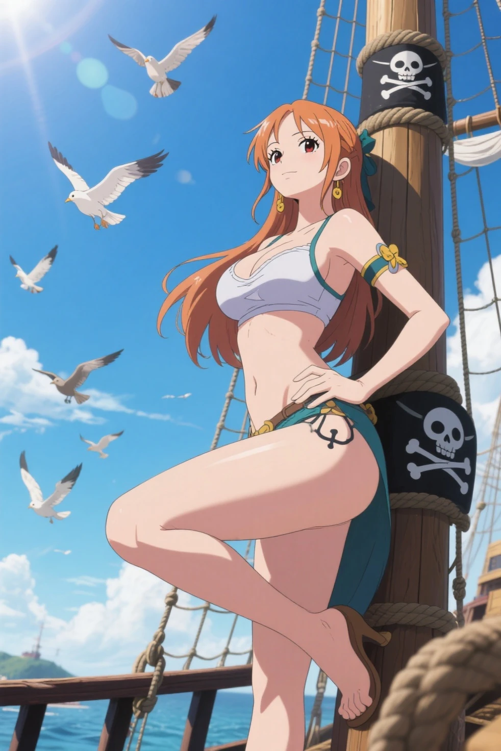 generate anime style nami onepiece one piece, com cabelos longos laranjados e amarrados, olhos perfeitos e detalhados, seios grandes e decotados, beautiful legs wearing black boots standing on pirate ship. The image features high definition 4k HDR resolution.