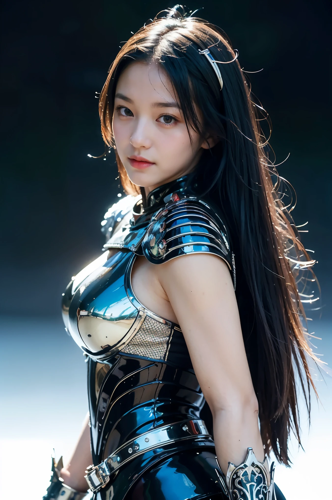 1girl, depth of field, official art, unity 8k wallpaper, ultra detailed, illustration, beautiful and aesthetic, masterpiece, best quality, knight, (big breasts), (milf, mature female), (black armor, armor, breastplate), beautiful face, (long hair, black hair, very straight hair:1.4, hime cut:1.4), blue eyes, cowboy shot, glowing skin, back lighting, athletic figure, muscular female, curvy, wide hips, colorful, looking at viewer, Hyperrealistic, gradient background, dark background, outline, fantasy, from the front, watercolor, traditional media, (chromatic aberration, intricate details)