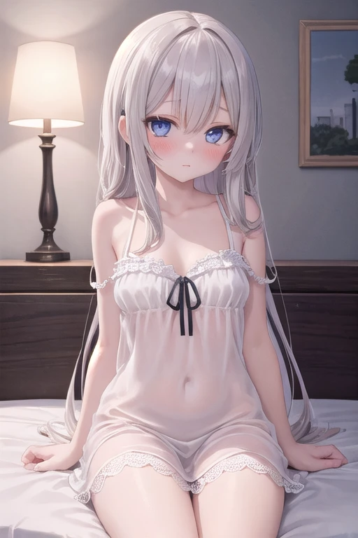 (best quality,ultra detail,illustration,sketch),extremely delicate and beautiful,scared, long hair, (beautiful detailed eyes),(beautiful detailed face),(beautiful detailed body),((full body)), BREAK 
 Bedroom,on bed,all fours,Intricate White transparent nightgown,bangs, jewelry,