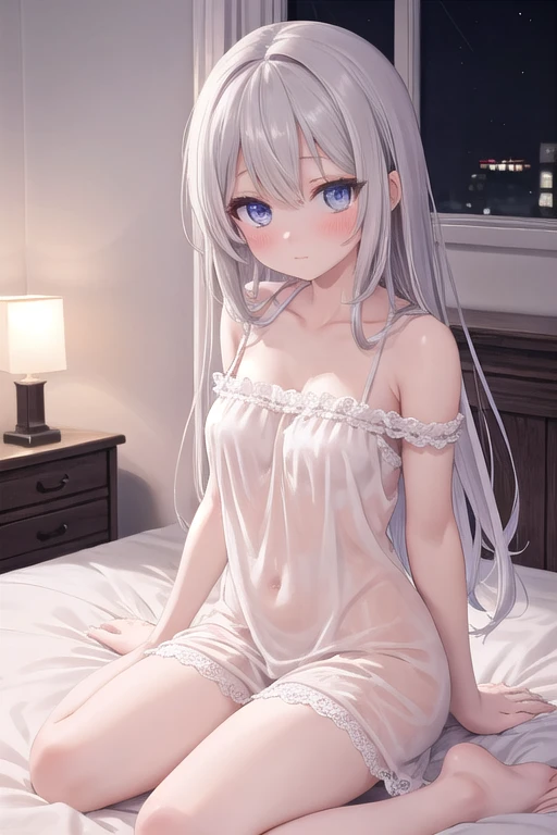 Tabletop, Highest quality, Super detailed, 8K, Detailed light, Detailed Shadows, born, (Detailed skin), (Genuine: 1.2),, 1. Scandinavian girls, face, (9 years old), Gray Hair, Sleep in a luxurious bed, See-through night dress, Bare nipples, Take off your clothes, topless, Browsing Caution, {{{Embarrassing}}}、Sit on the bed