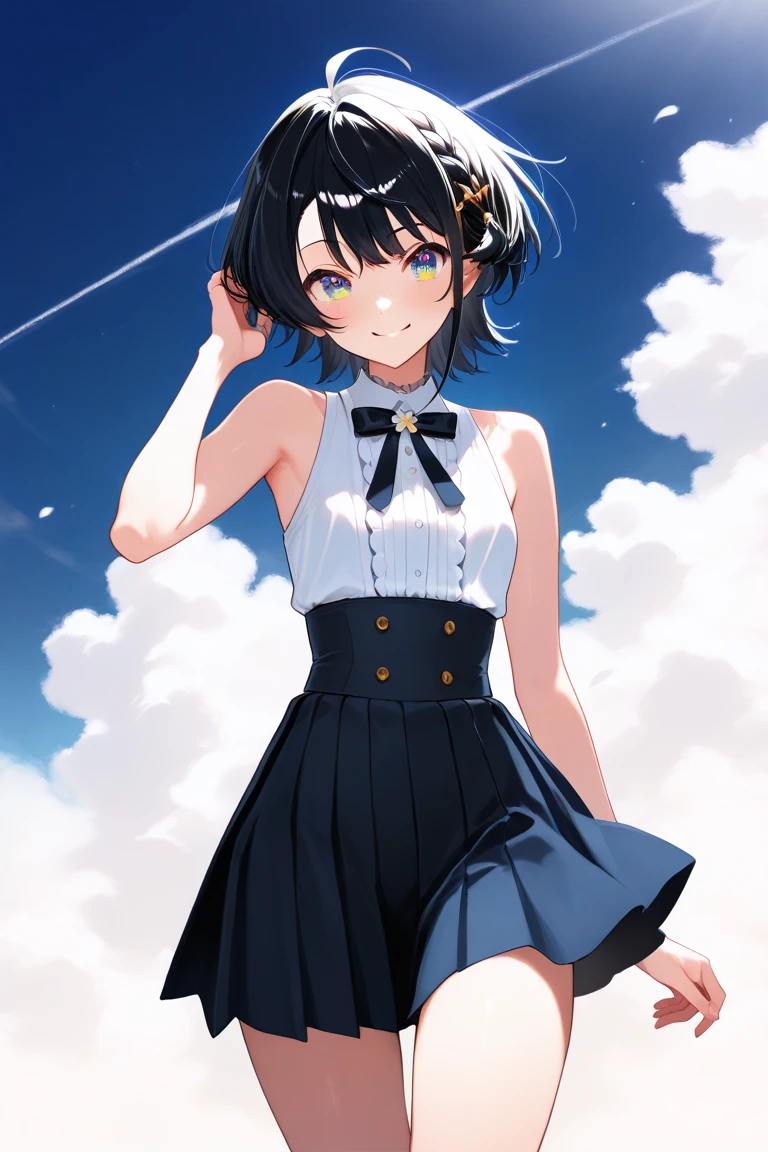 It is drawn in an anime-style.。She was in the middle of taking off her .、Unbutton the button with one hand、She is depicted holding up her skirt with her other hand.。