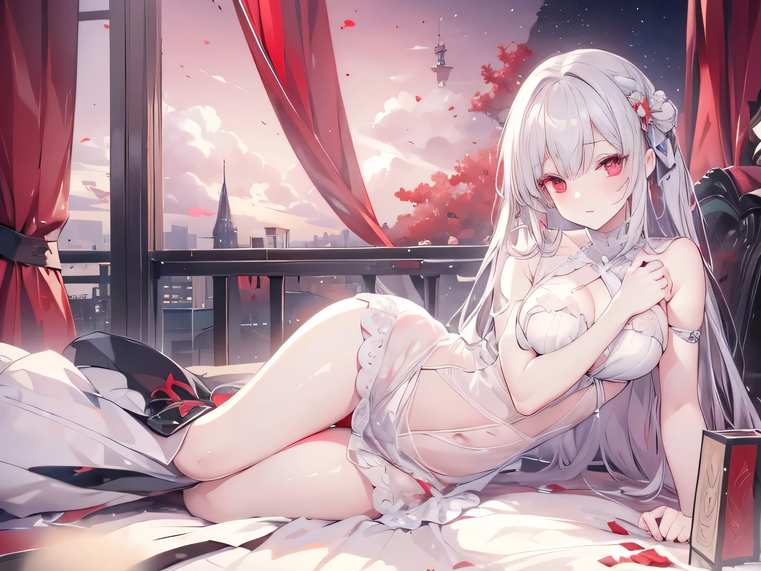 ((Masterpiece, Best quality))++, Detailed light+, Detail hair+, detail hand+ ,1girll, woman, Long hair, dark red eye, Beautiful eyes, Young gray hair,,(Beautiful white hair:1.5),(Beautiful detailed eyes), , high resolution+, Masterpiece, , Glass tones, Reflective eyes, {{Angle}} , extremelydetailedwallpaper, Original,full bodyesbian,Bedrooms,upper legs, Beth,starrysky,Issuing,,swim wears,,naturey