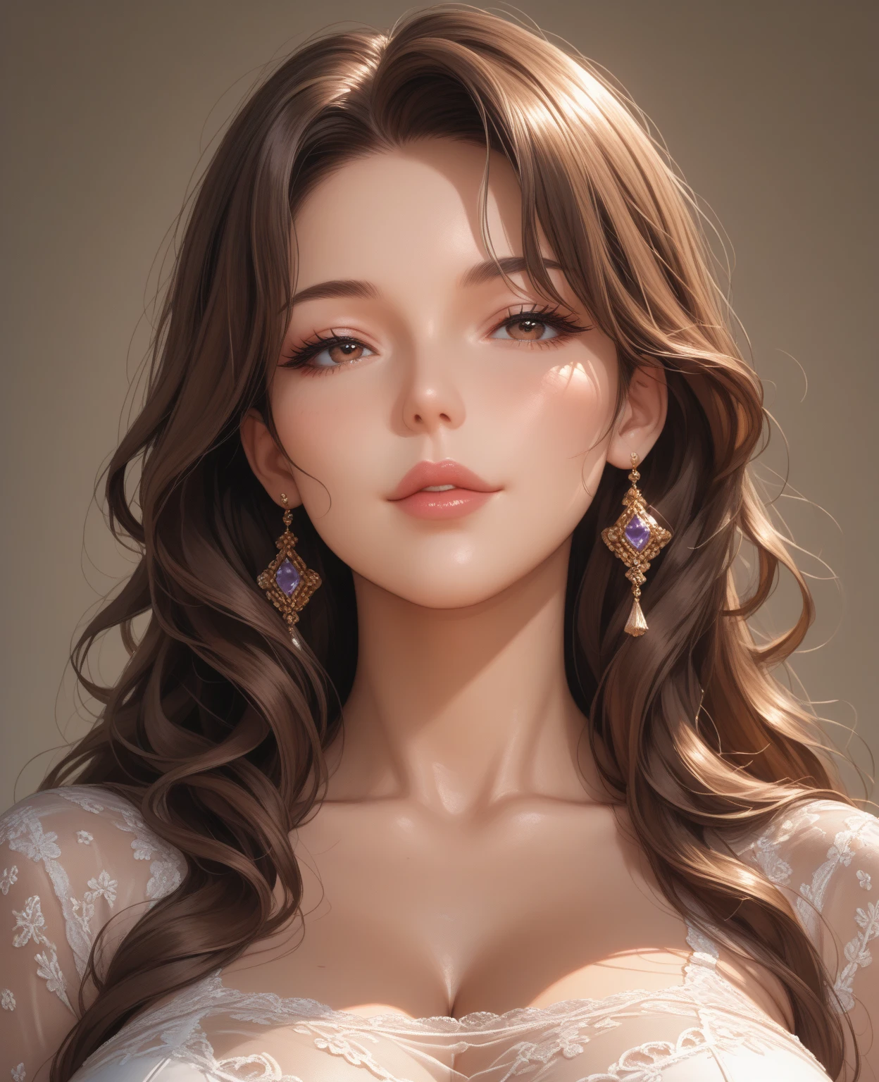 (((portrait, masterpiece))), (((Young beautiful brunette with a deep neckline))), long hair, (((hair doesn't fall on your face, no facial hair!!!))), Looking straight ahead, realistic. highest quality 16k.