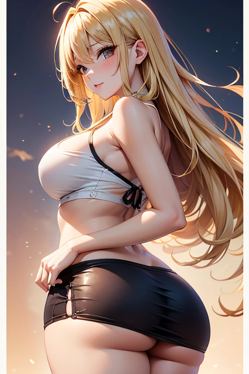 (best quality, 4k, 8k, high resolution, masterpiece: 1.2), ultra-detailed, (realistic, photorealistic, photorealistic: 1.37), HDR, UHD, studio lighting, ultra-fine painting, sharp focus, physically based rendering, extremely detailed description , professional, bright colors, bokeh, a girl with yellow hair, big attractive breasts, a curvy butt, a slender waist, plump and adorable lips, a nose, captivating blue eyes, long luscious eyelashes, straight and flowing hair. with bangs, dressed in a black thong.