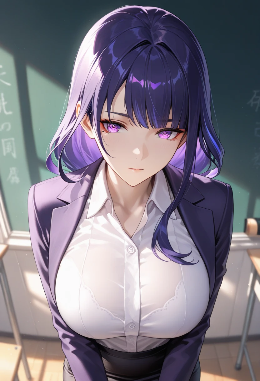 ponytail, (((Cleavage))), (((teacher, adult woman))), (((solo))), purple hair, (((business suit, leggings))), shirt, (((look down))), angry, whip, Slender, classroom, tight skirt, underware
