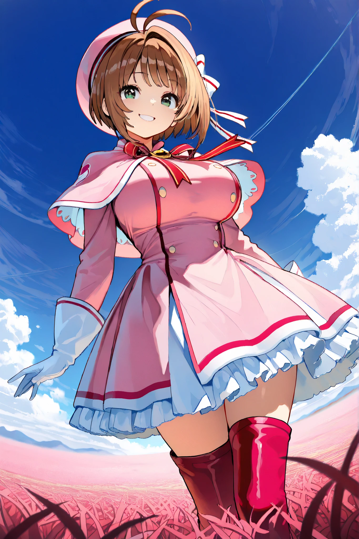 giantess art, highly detailed giantess shots, giantess, Two legs, Five fingers, short hair, A beautiful girl who is bigger than a skyscraper, Wearing rimless glasses, smile, Big Breasts, pink dress, bow, magical girl, magical wand, black pantyhose, pink stiletto heels, shoots lightning from the magical wand, Destroying cities, A very small big city, Miniature metropolis, Full body description, GTS, giga giantess, stomping city, crash city, tiny city, micro city, pantyhose feet, High resolution, highest quality, masterpiece,