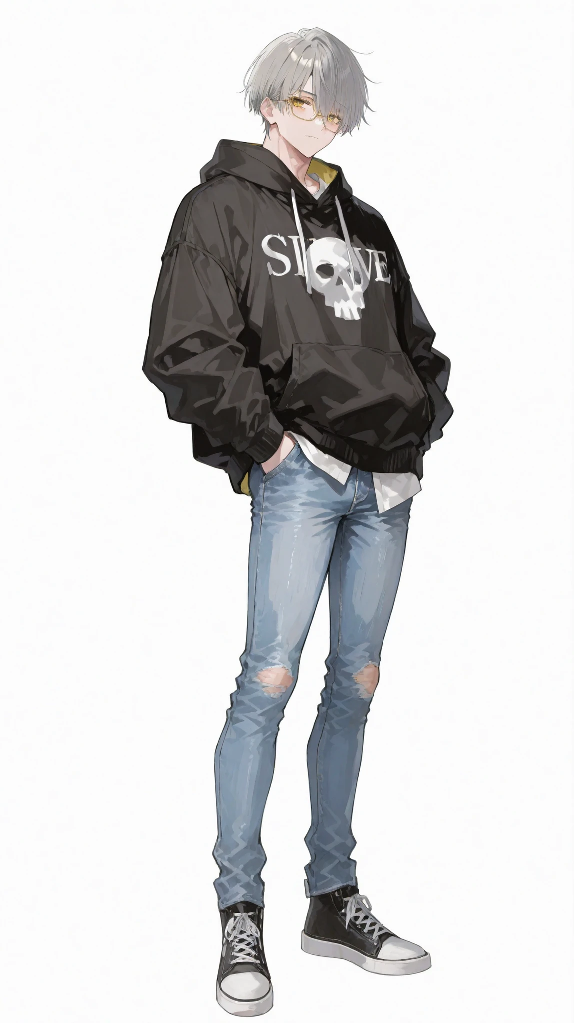 Highest Quality、one man、standing、Lean Muscle、Gray Hair、short hair、golden eyes、glasses、black jacket、 jeans、full body、white background、pure white background