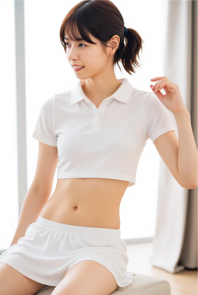 Highest quality, masterpiece, Ultra-high resolution, (Realistic:1.4), Raw photo, One girl, The most famous Japanese actresses, Wearing a volleyball uniform, Very beautiful face, very beautiful big eyes, Very beautiful short hair, Very beautiful skin, Very beautiful long eyelashes, Very beautiful lips, Very beautiful hips, Very beautiful thighs, Upturned buttocks, Dynamic Pose, An innocent smile