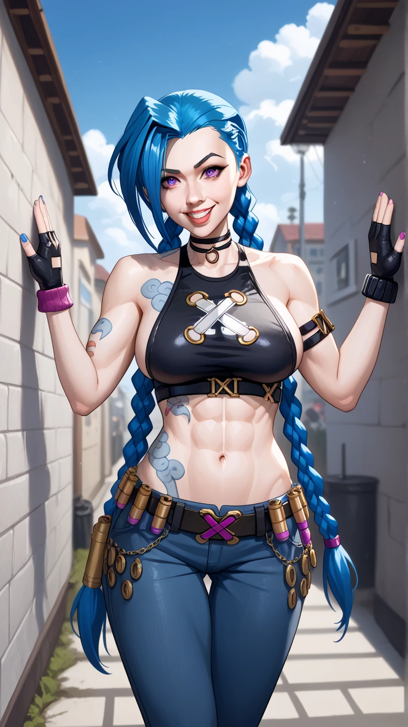 (((((((((picture-perfect realistic))))))))) <lora:jinx_default_lol-000021:1>jinx \(league of legends\), 1girl, twin braids, single elbow glove, short shorts, bikini top only, necklace, belt, bullet, fingerless gloves