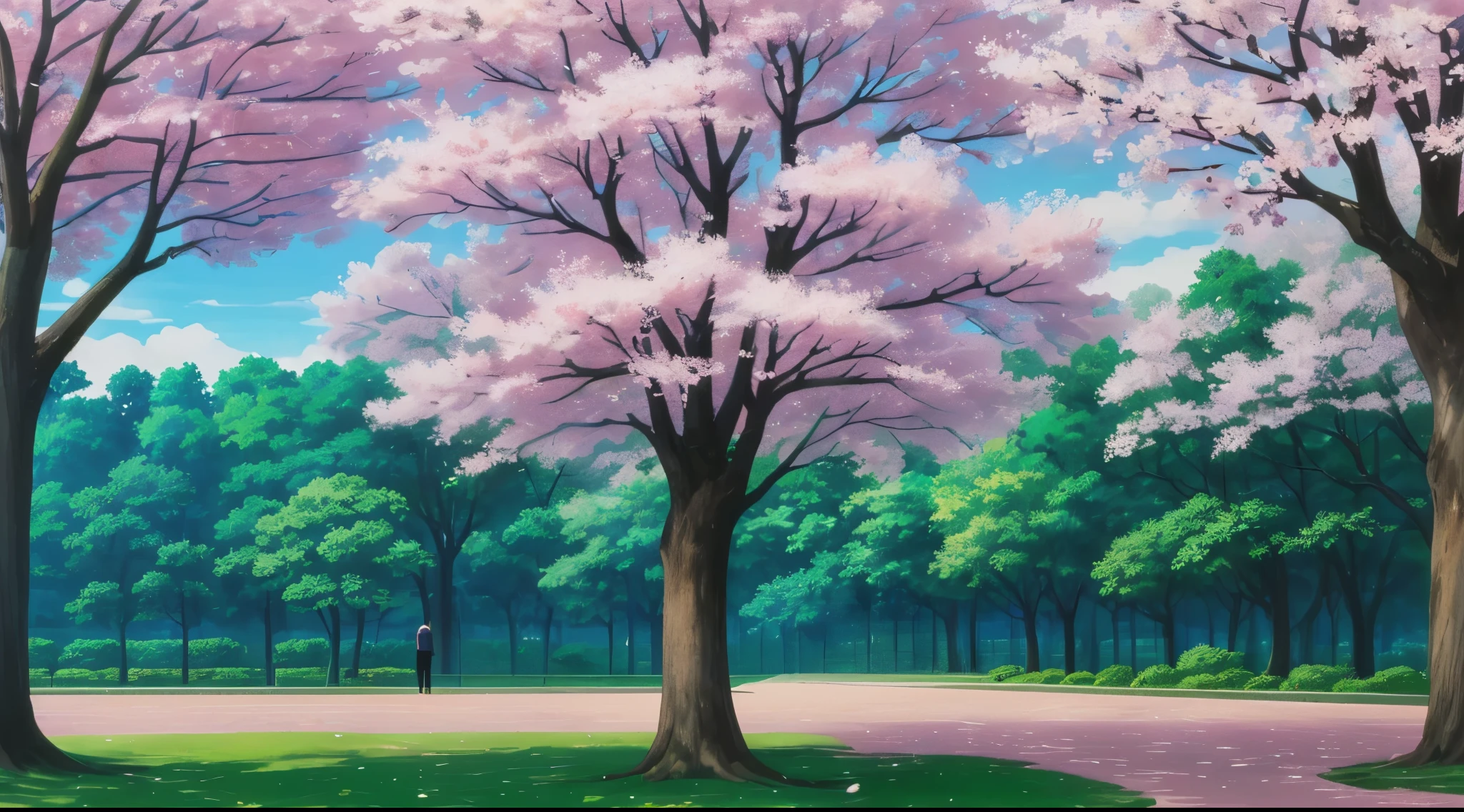 (Drawn in 80’s anime art style.
Retro anime. Vintage Anime. Classical Anime.
Location: Public Parks
Open green spaces with cherry blossom trees, providing somber and reflective moments, often used before or after violent scenes.