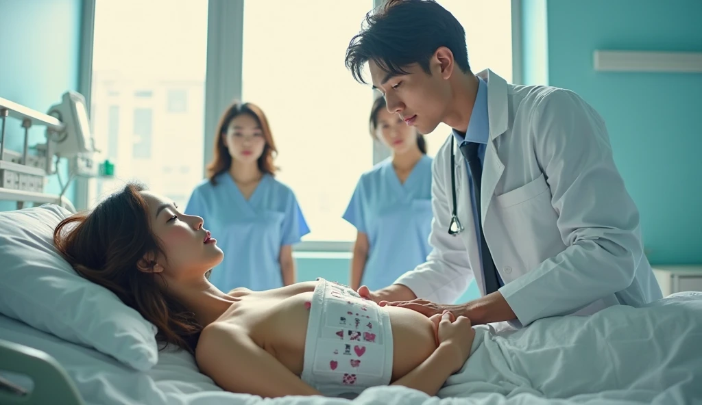 Male patient, Female nurse stroking patient's chest、oriental、Beautie、18year old、Hospital Room、Open your eyes、Open your eyes