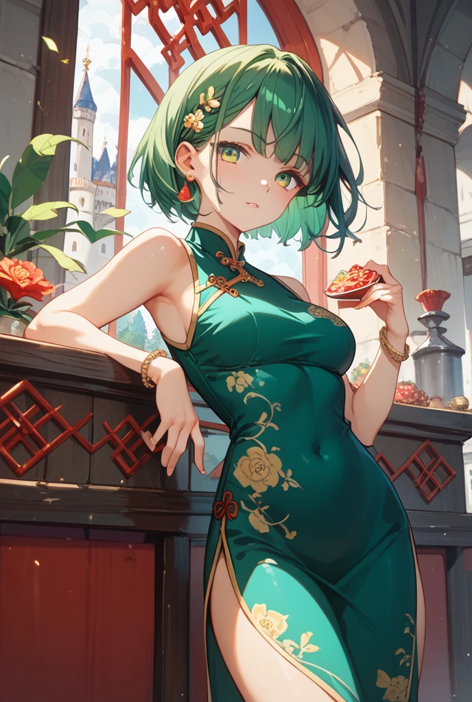 masterpeice, best quality, highres, 1girl, solo, china dress, chinese clothes, dress, green hair, side slit, breasts, black dress, folded ponytail, green eyes, animal print, tao jun, large breasts, outdoors, cowboy shot, <lora:tao_jun_v1:0.7>, (holding ofuda:1.1)