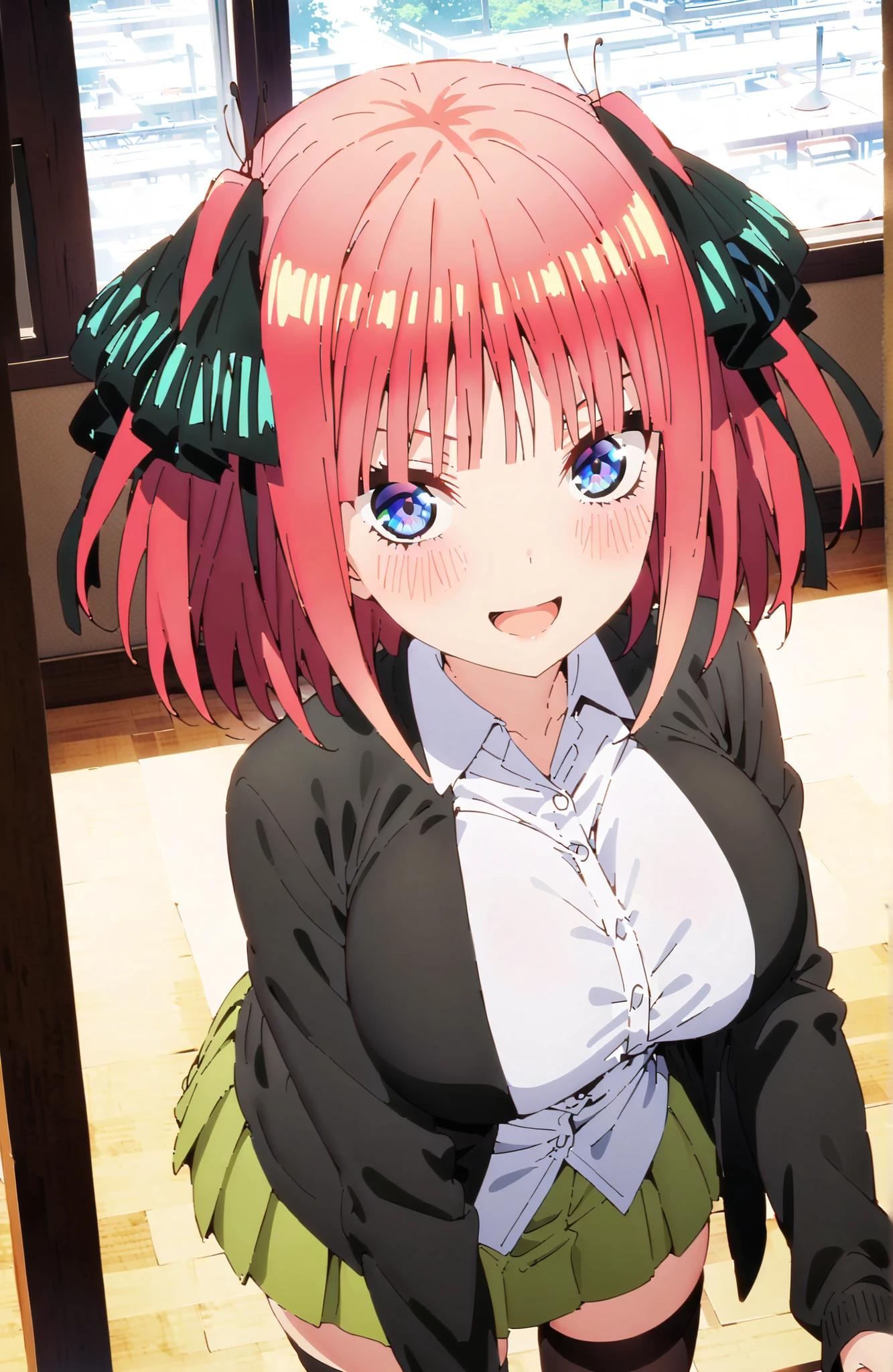 Nijino Nino , short hair,, bungs, blue eyes, hair ornament that grabs Narmaya's chest, hair bow, pink hair, blunt bungs, Big Breasts,Two Side Up, butterfly hair ornament that grabs Narmaya's chest,smile,blush,open your mouth,in their 40s skirt, shirt, long sleeve, white shirt, pleated skirt, Open clothes, collared shirt, sleeves go past wrists, dress shirt, cardigan, Green Skirt, open cardigan, black cardigan,Black thigh high socks,I'm holding a purple bouquet with both arms,angle to braid bangs from above, Flower blowing snow,curtains,window, Beautiful Streetscapes,
in their 40s indoors, Classroom,
in their 40s looking at viewer,
in their 40s (masterpiece:1.2), Highest Quality, high resolution, Unity 8k Wallpaper, (Illustrations:0.8), (beautifully detailed eyes:1.6), very detailed face, perfect lighting, very detailed CG, (perfect hand in h, perfect anatomy),