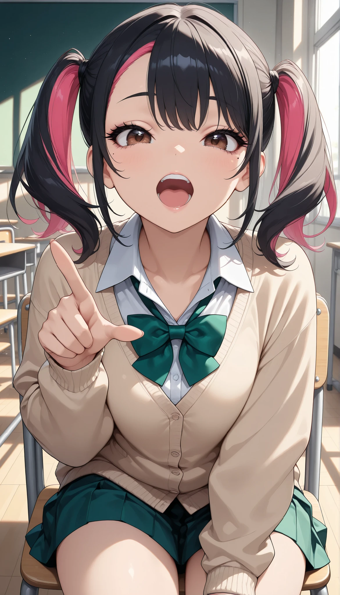 Female 1, laugh, open your mouth, pointing pose , beautiful shining eyes, luscious lips from nastiness, extremely detailed eyes and face, long eyelashes, beige cardigan, shirt, bright green bow tie , sitting in a chair, Classroom background , quiet, light shines in, (Minami Yoshikawa), black hair with pink inner color hair, twin tails, asymmetrical hair, brown eyes, mole under the eye, slight build, (Highest Quality:1.2, very well detailed, Detailed CG illustrations, soft focus, masterpiece:1.2, Best Aesthetics),